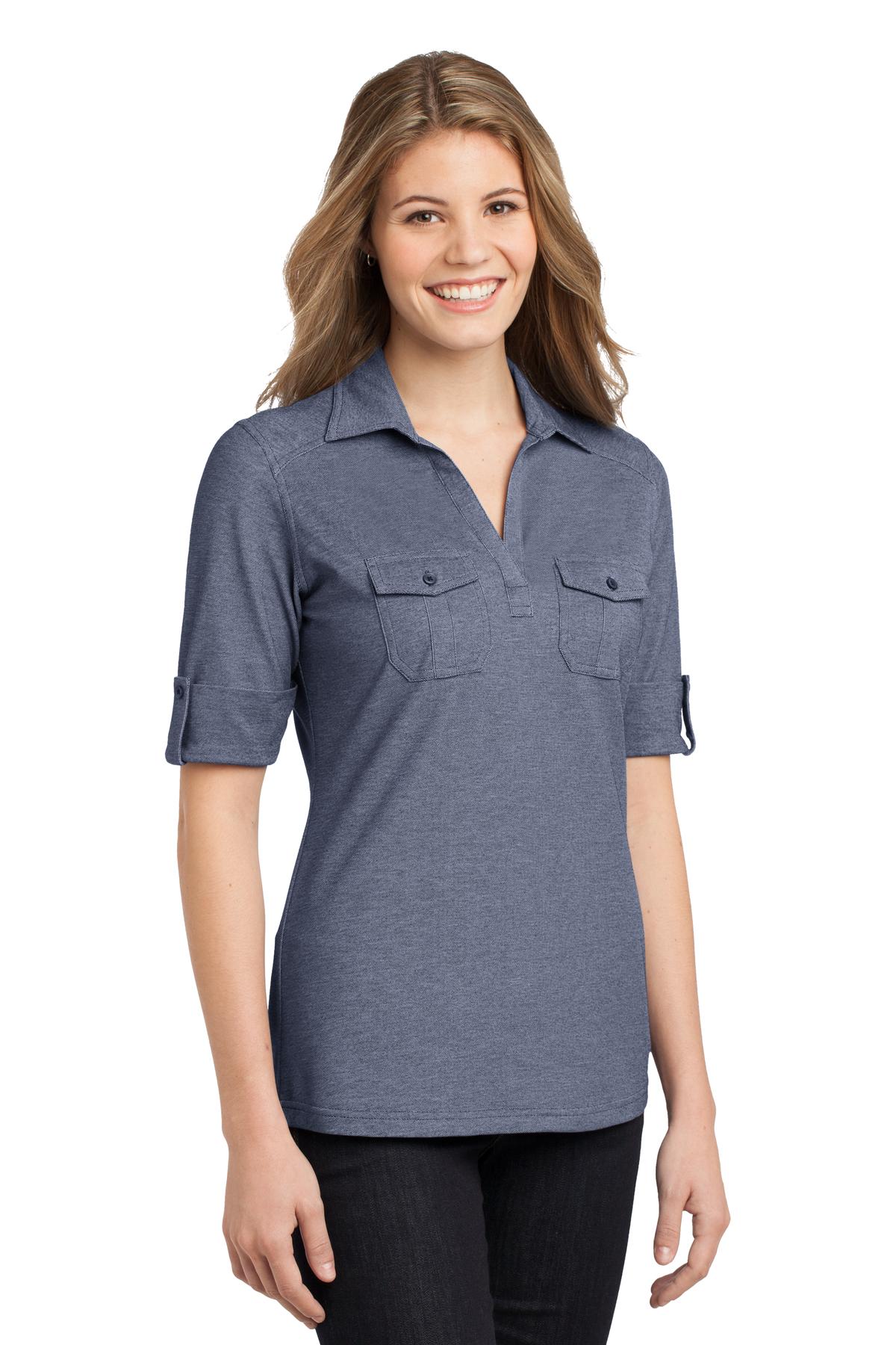 DISCONTINUED Port Authority Ladies Oxford Pique Double Pocket Polo. L557 - Dress Blue Navy/ White - three_q