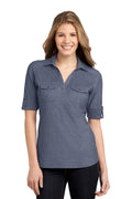 DISCONTINUED Port Authority Ladies Oxford Pique Double Pocket Polo. L557 - Dress Blue Navy/ White - front