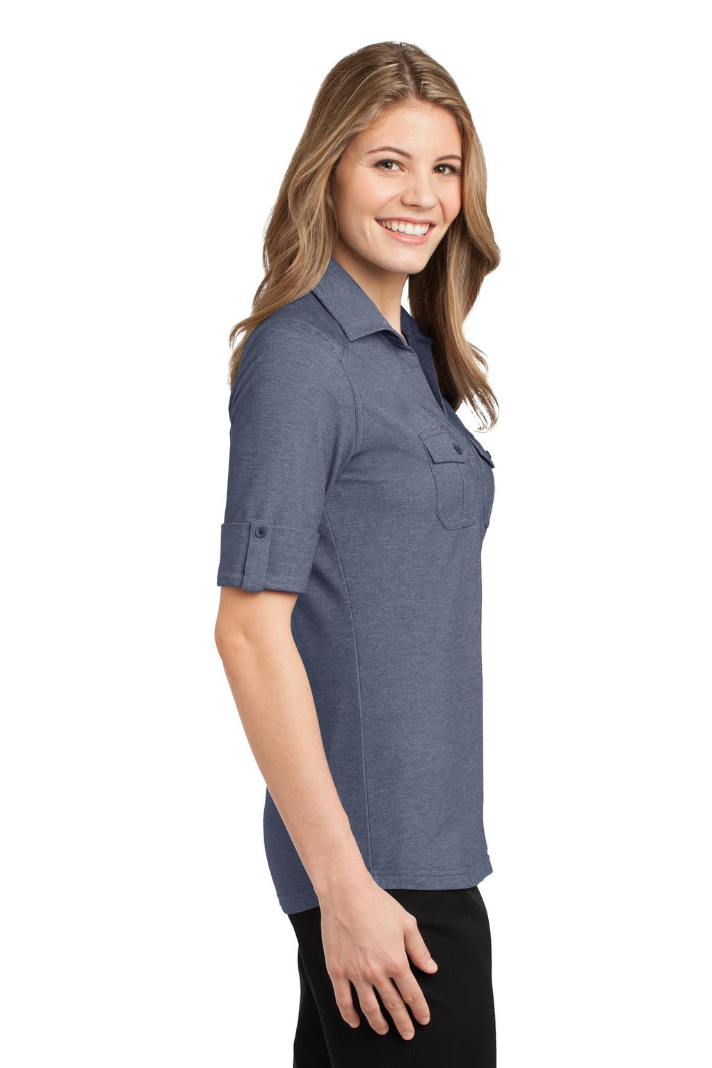 DISCONTINUED Port Authority Ladies Oxford Pique Double Pocket Polo. L557 - Dress Blue Navy/ White - side