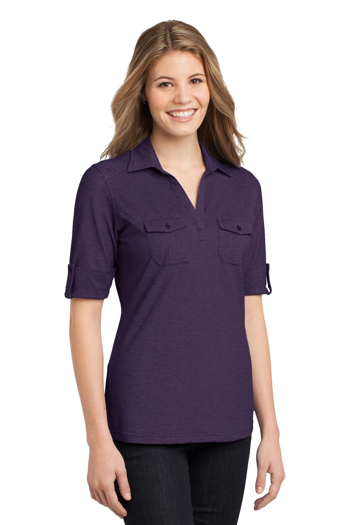 DISCONTINUED Port Authority Ladies Oxford Pique Double Pocket Polo. L557 - Purple/ Dress Blue Navy - three_q