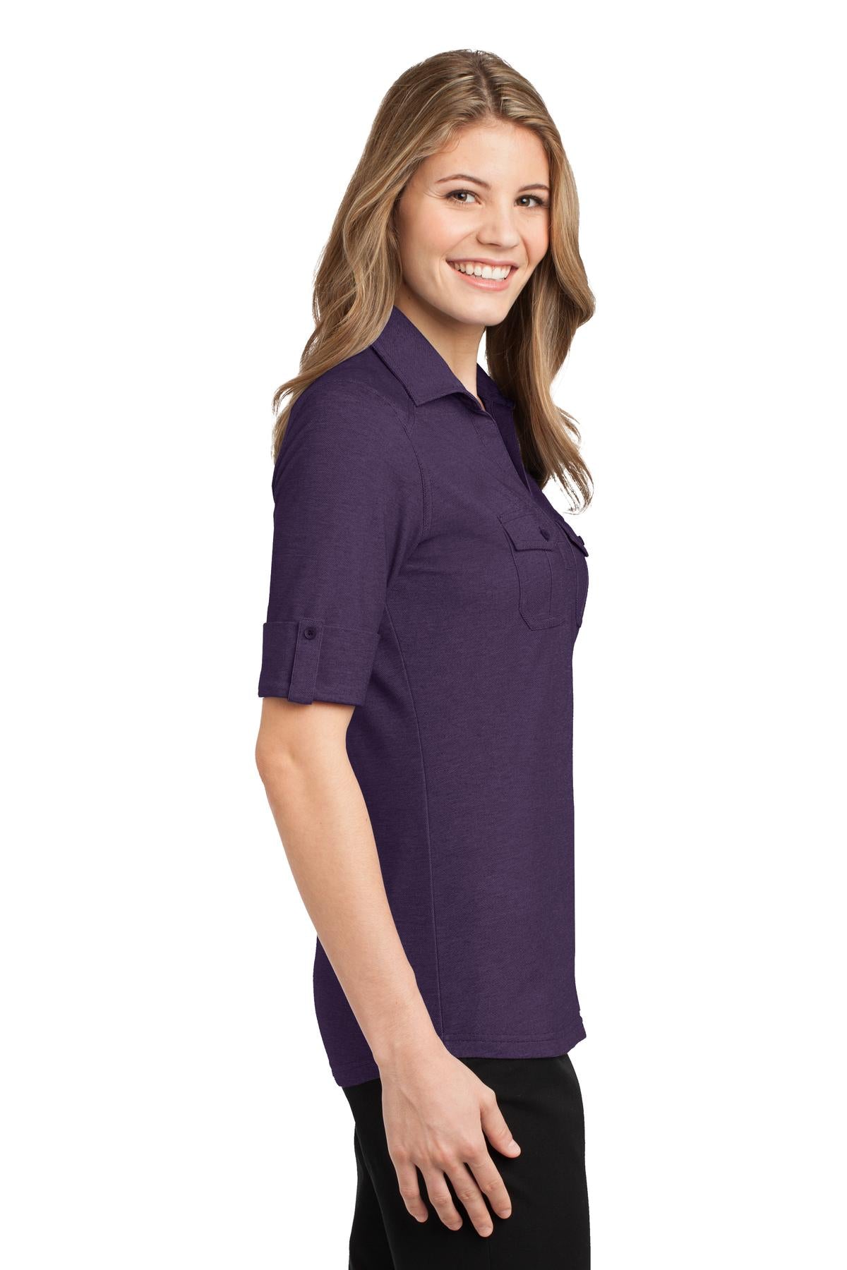 DISCONTINUED Port Authority Ladies Oxford Pique Double Pocket Polo. L557 - Purple/ Dress Blue Navy - side
