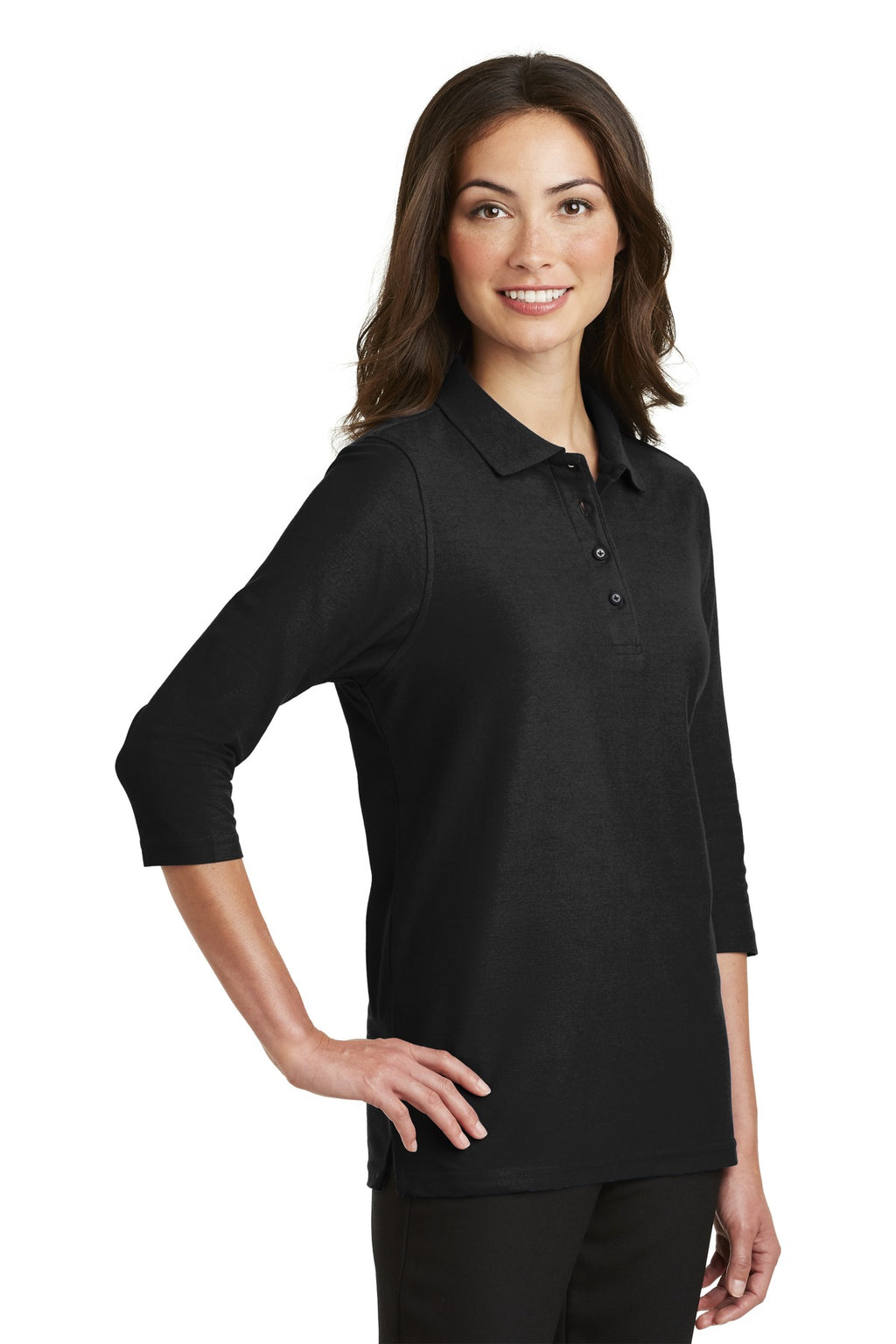 DISCONTINUED Port Authority Women's Silk Touch 3/4-Sleeve Polo. L562 - Black - three_q