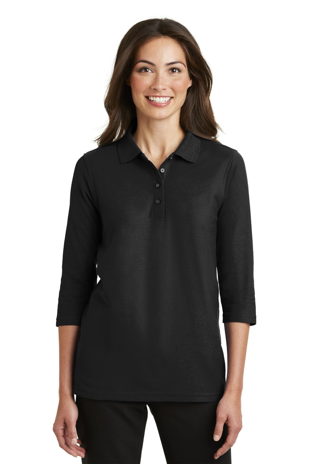 DISCONTINUED Port Authority Women's Silk Touch 3/4-Sleeve Polo. L562 - Black - front