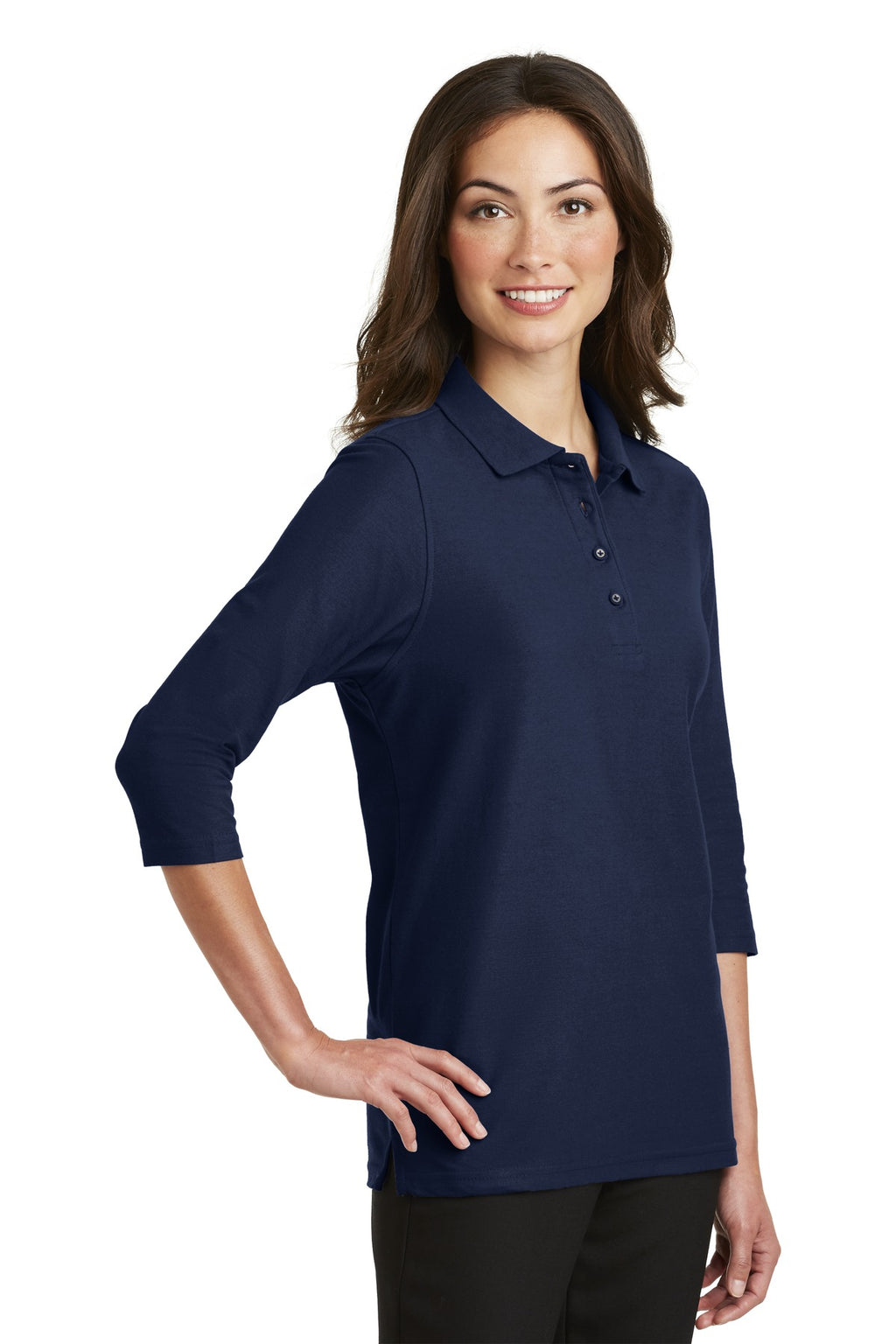 DISCONTINUED Port Authority Women's Silk Touch 3/4-Sleeve Polo. L562 - Navy - three_q