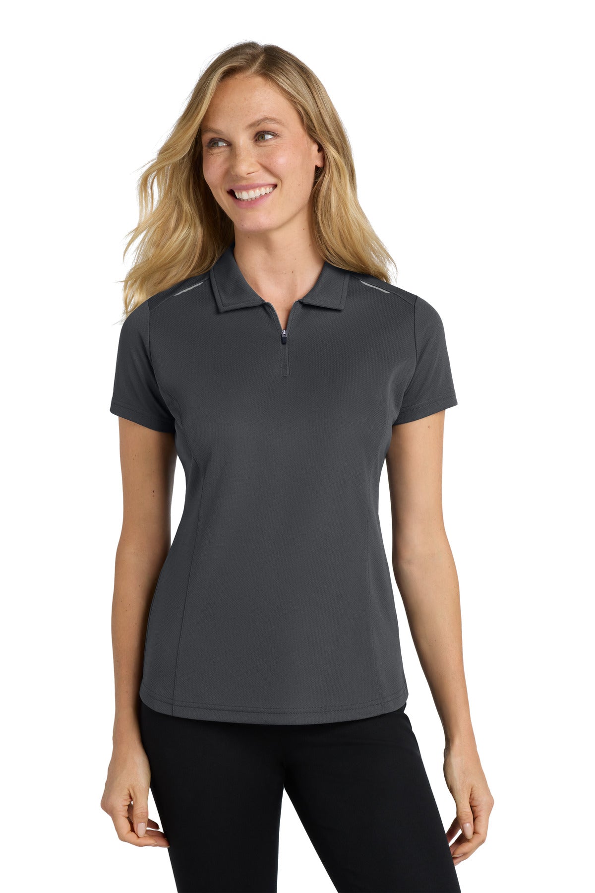 DISCONTINUED Port Authority Women's Pinpoint Mesh Zip Polo. L580 - Battleship Grey - front
