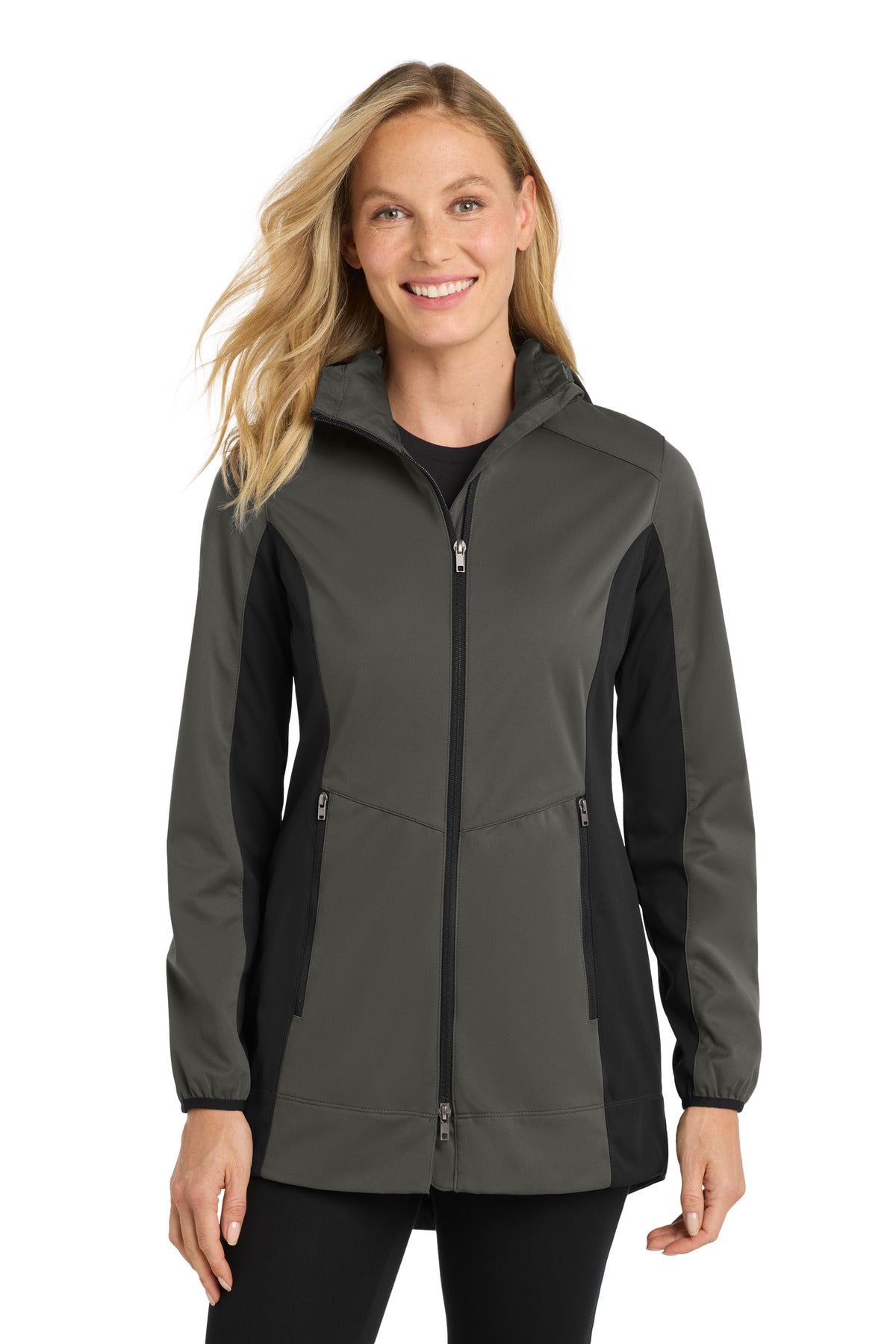 Port Authority Women's Active Hooded Soft Shell Jacket. L719 - Grey Steel/ Deep Black - front