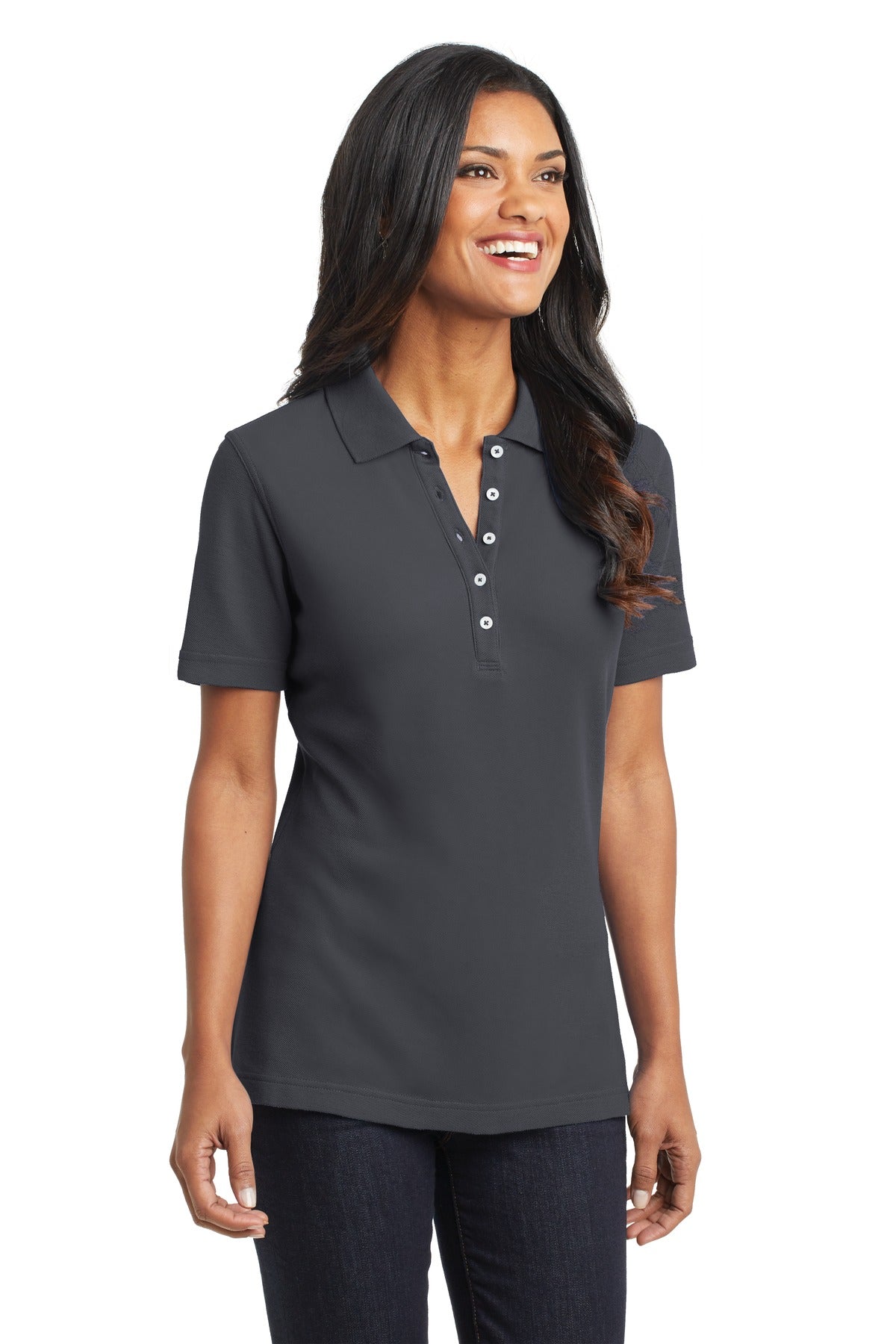 DISCONTINUED Port Authority Ladies EZCotton Pique Polo. L800 - Iron Grey - three_q