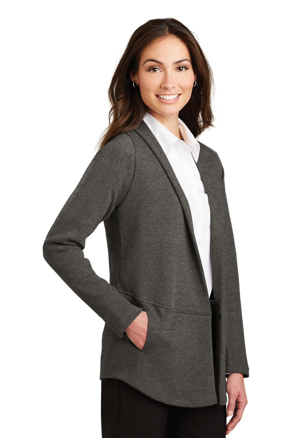 Port Authority Women's Interlock Cardigan. L807 - Charcoal Heather/ Medium Heather Grey - three_q