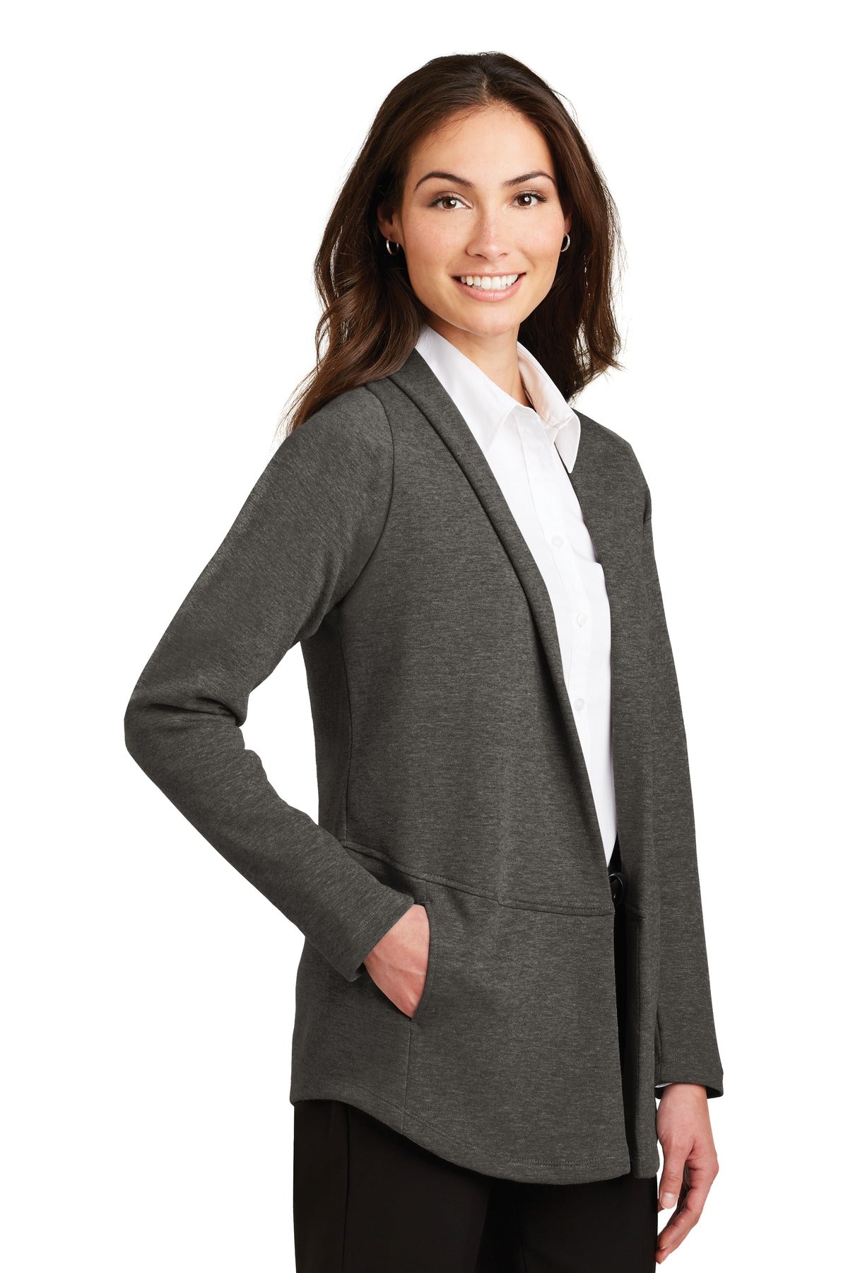Port Authority Women's Interlock Cardigan. L807 - Charcoal Heather/ Medium Heather Grey - three_q