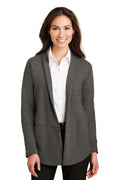 Port Authority Women's Interlock Cardigan. L807 - Charcoal Heather/ Medium Heather Grey - front