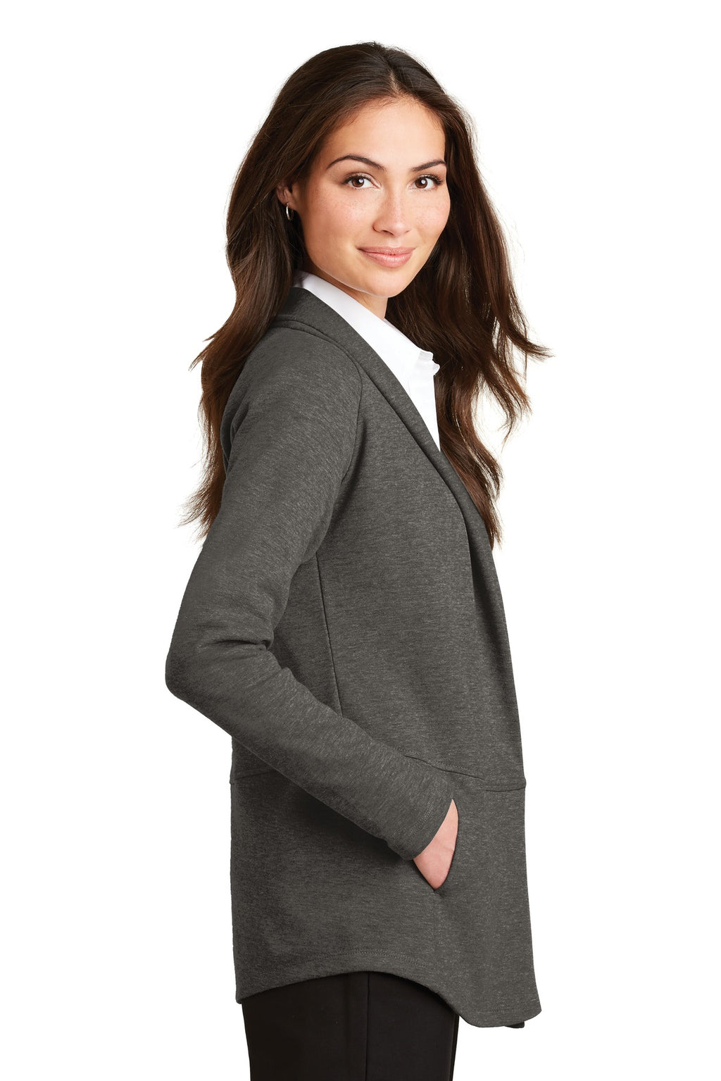 Port Authority Women's Interlock Cardigan. L807 - Charcoal Heather/ Medium Heather Grey - side