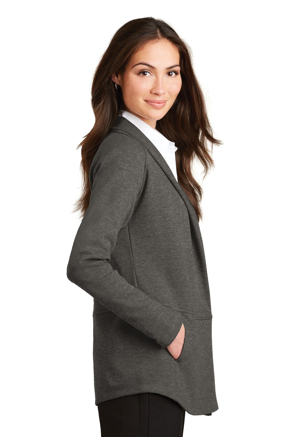 Port Authority Women's Interlock Cardigan. L807 - Charcoal Heather/ Medium Heather Grey - side