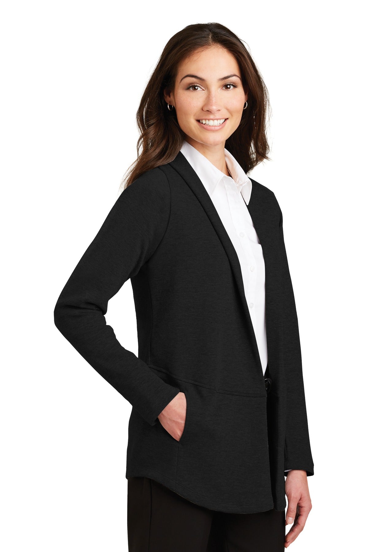 Port Authority Women's Interlock Cardigan. L807 - Deep Black/ Charcoal Heather - three_q