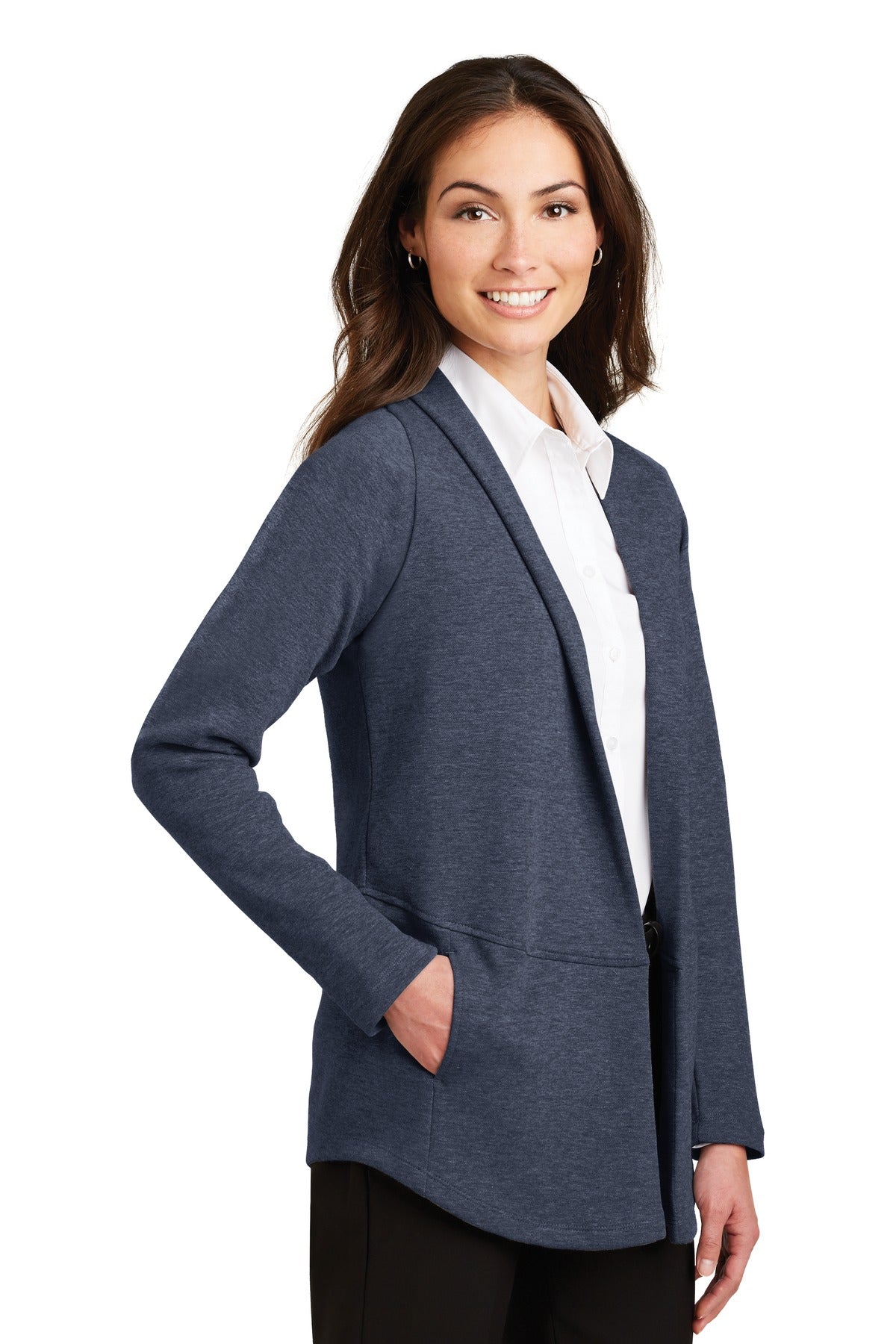 Port Authority Women's Interlock Cardigan. L807 - Estate Blue Heather/ Charcoal Heather - three_q