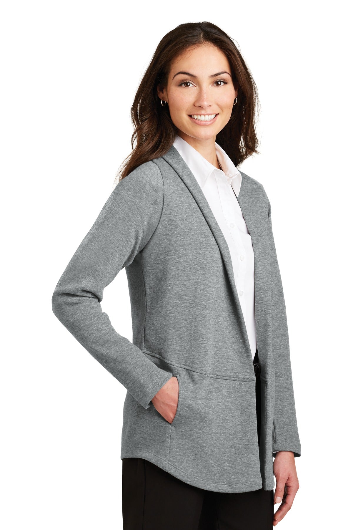 Port Authority Women's Interlock Cardigan. L807 - Medium Heather Grey/ Charcoal Heather - three_q