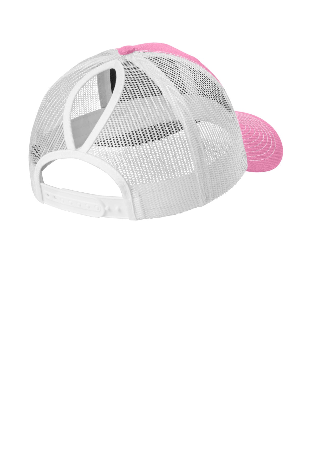 Port Authority Snapback Ponytail Trucker Cap LC401 - True Pink/ White - back