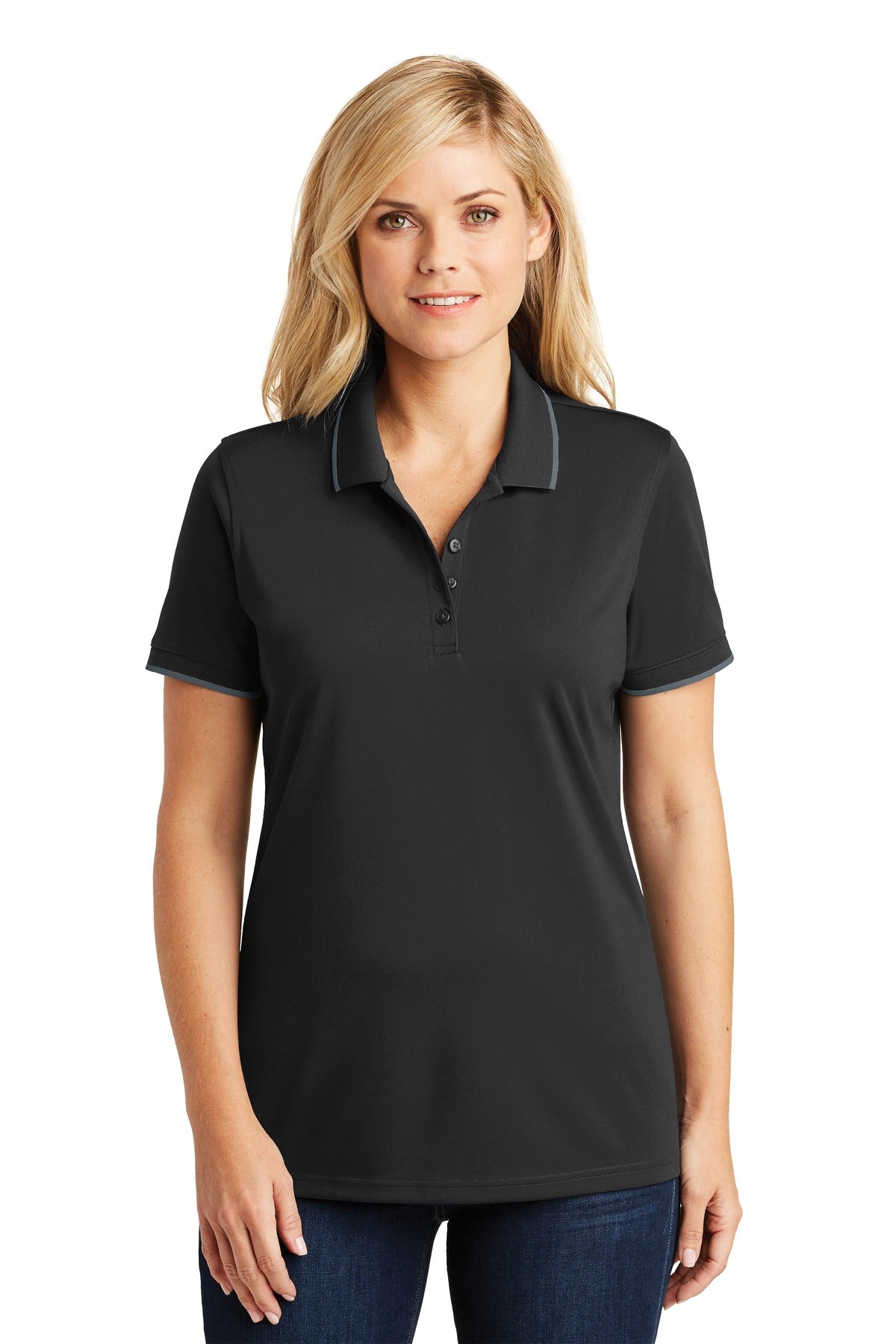 DISCONTINUED Port Authority Women's Dry Zone UV Micro-Mesh Tipped Polo. LK111 - Deep Black/ Graphite - front