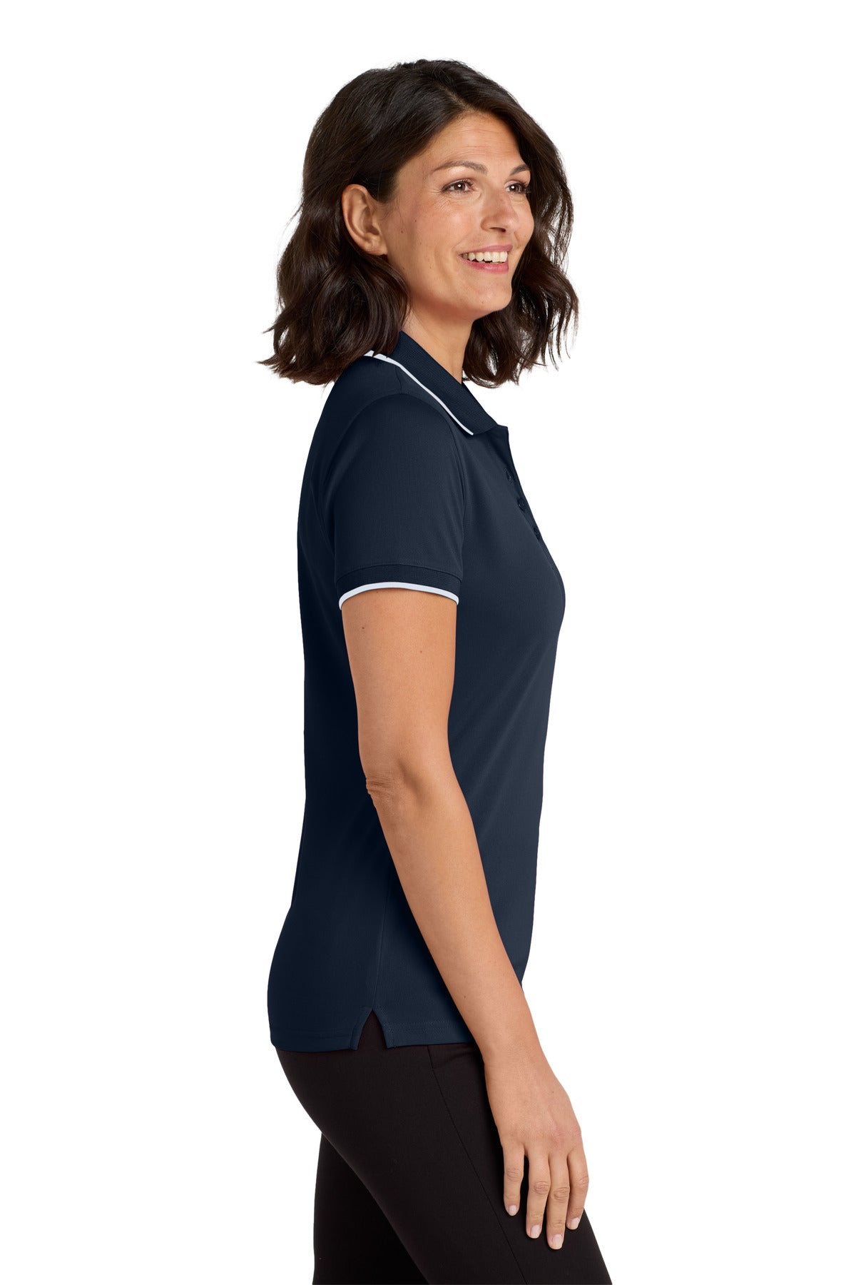 DISCONTINUED Port Authority Women's Dry Zone UV Micro-Mesh Tipped Polo. LK111 - River Blue Navy/ White - side