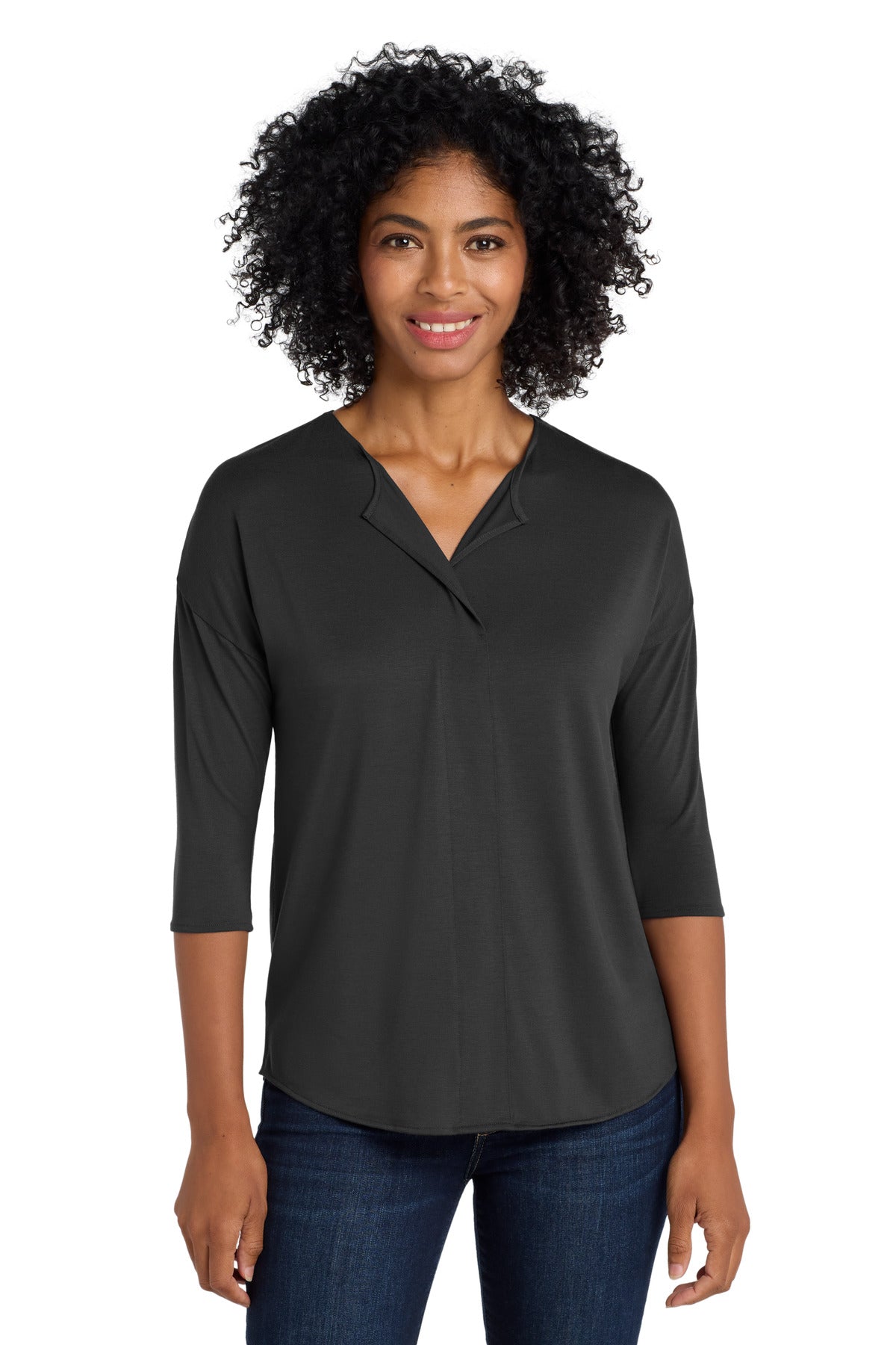 DISCONTINUED Port Authority Women's Concept 3/4-Sleeve Soft Split Neck Top. LK5433 - Black - front