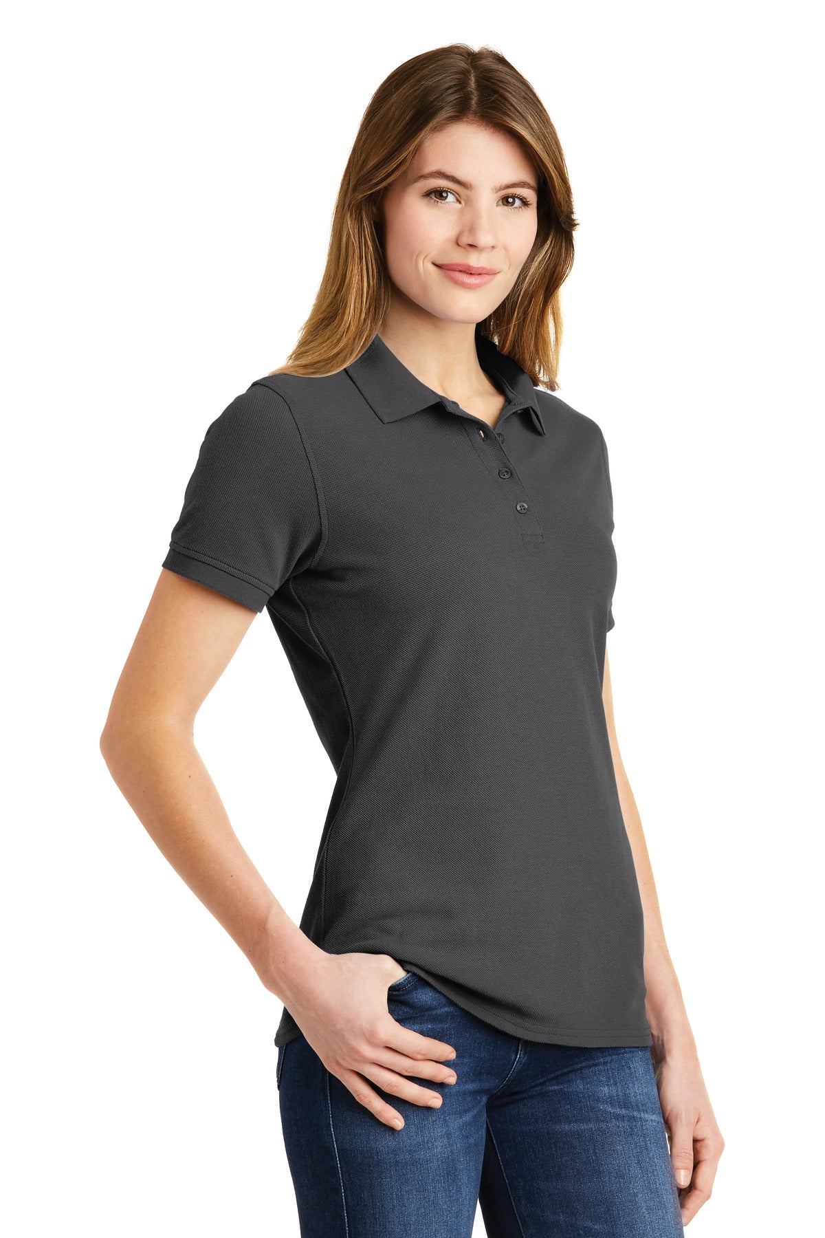 DISCONTINUED Port & Company Ladies Combed Ring Spun Pique Polo. LKP1500 - Charcoal - three_q