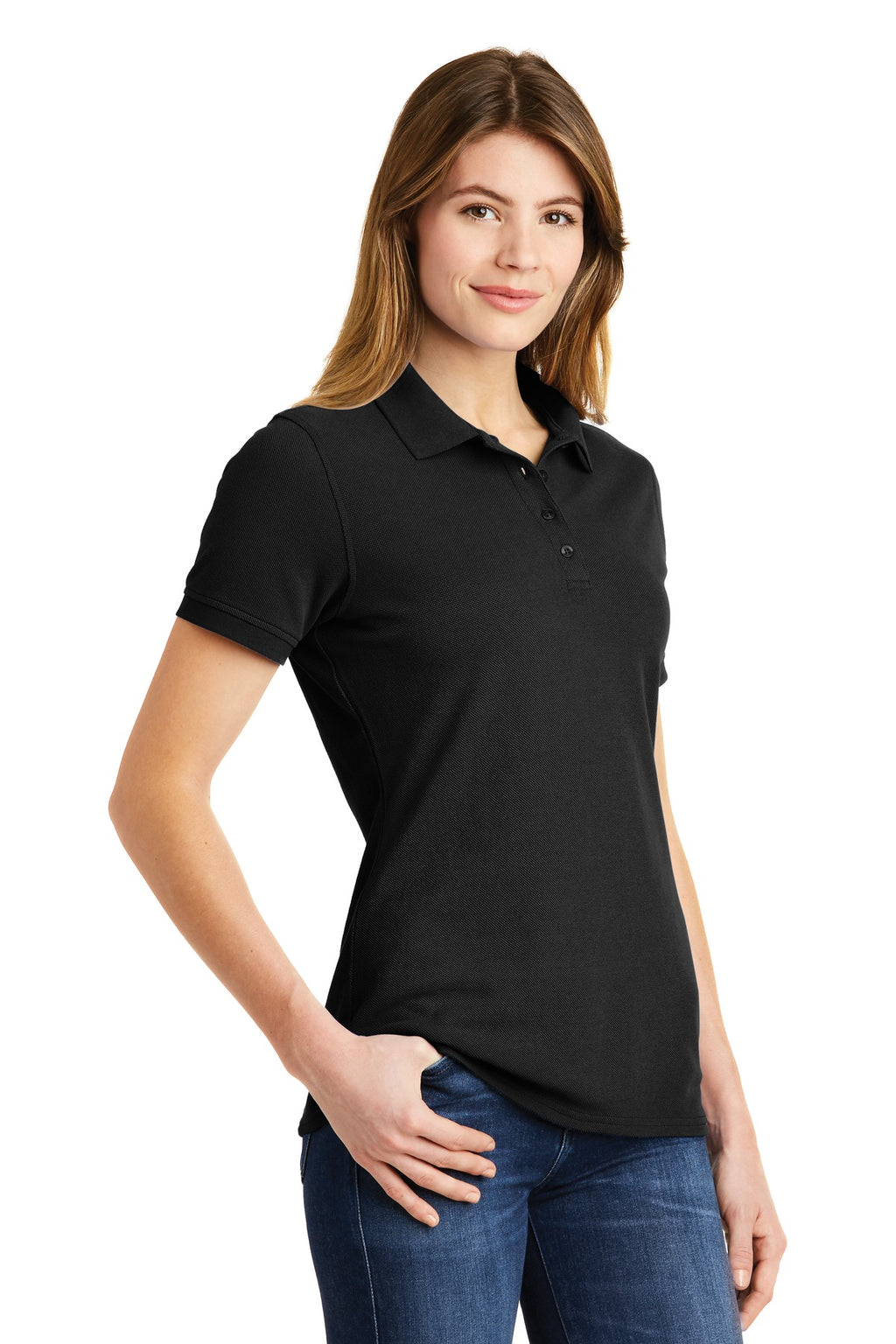 DISCONTINUED Port & Company Ladies Combed Ring Spun Pique Polo. LKP1500 - Jet Black - three_q