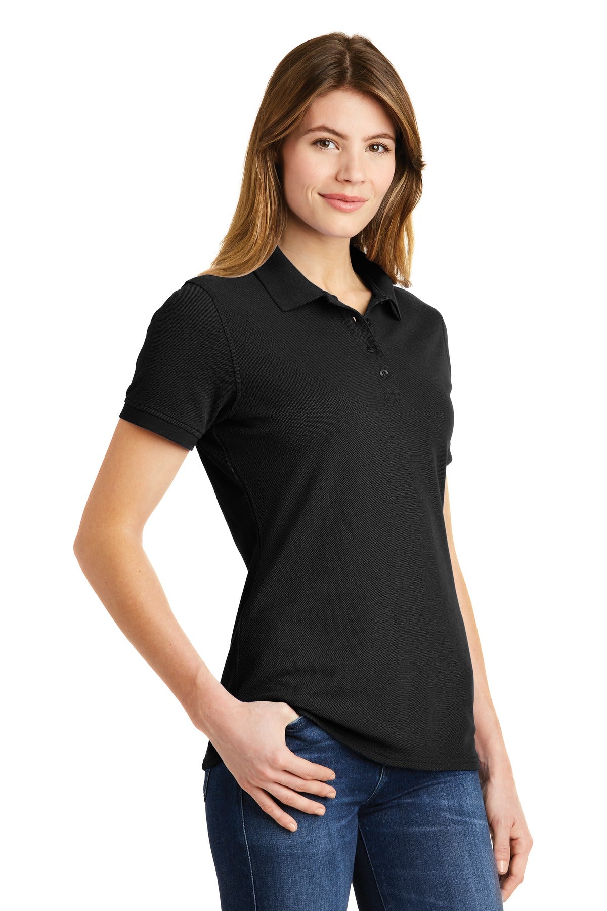 DISCONTINUED Port & Company Ladies Combed Ring Spun Pique Polo. LKP1500 - Jet Black - three_q