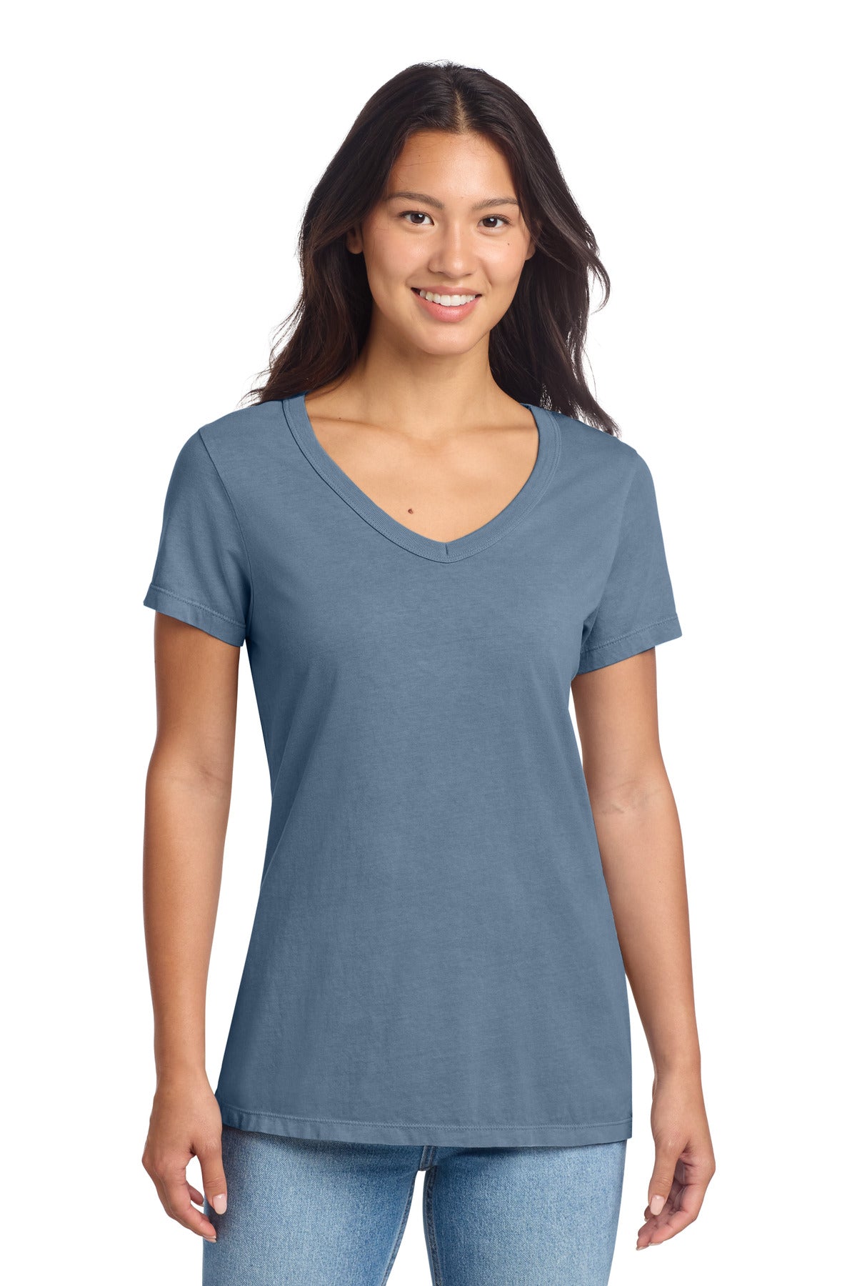 Port & Co Women's Beach Wash Garment-Dyed V-Neck Tee LPC099V - Faded Denim - front