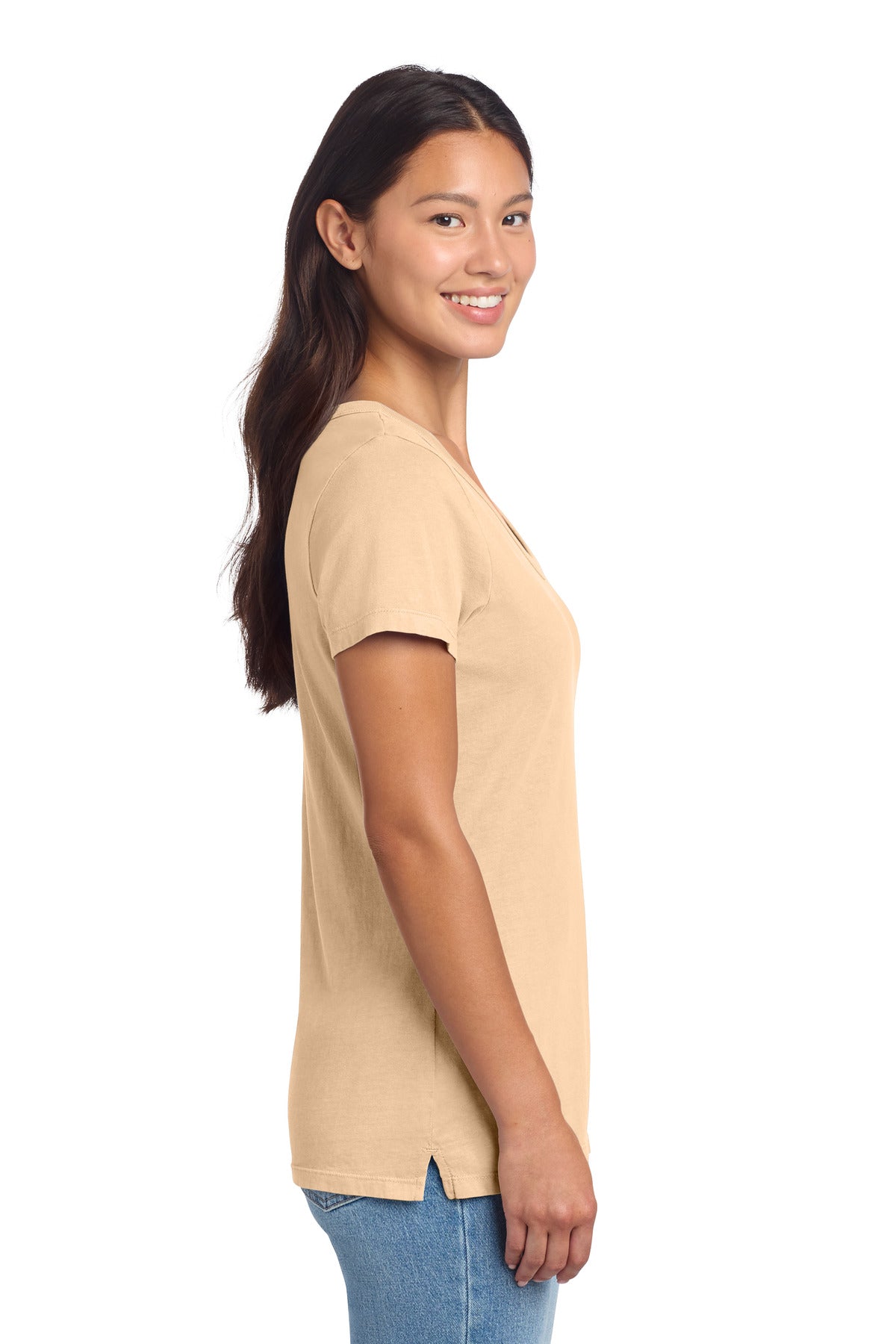 Port & Co Women's Beach Wash Garment-Dyed V-Neck Tee LPC099V - Peach - side