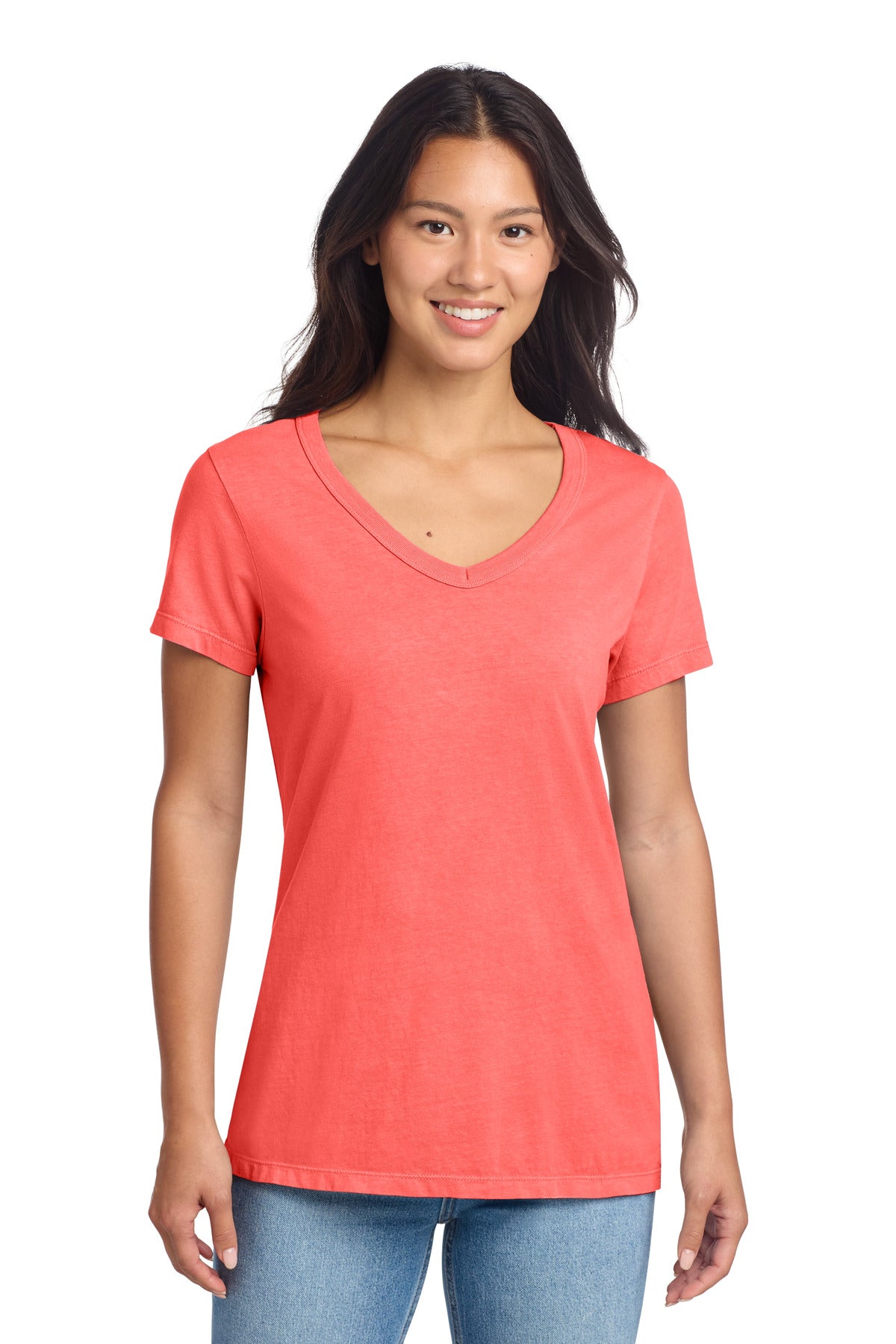 Port & Co Women's Beach Wash Garment-Dyed V-Neck Tee LPC099V - Poppy - front