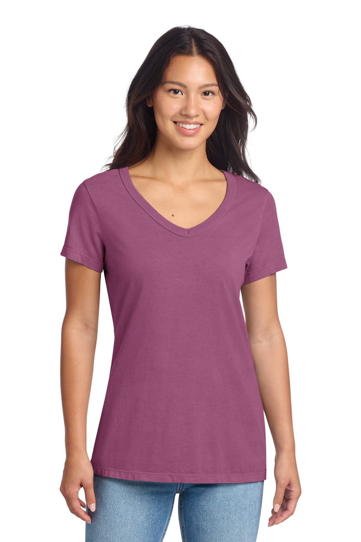 Port & Co Women's Beach Wash Garment-Dyed V-Neck Tee LPC099V - Vintage Raspberry - front
