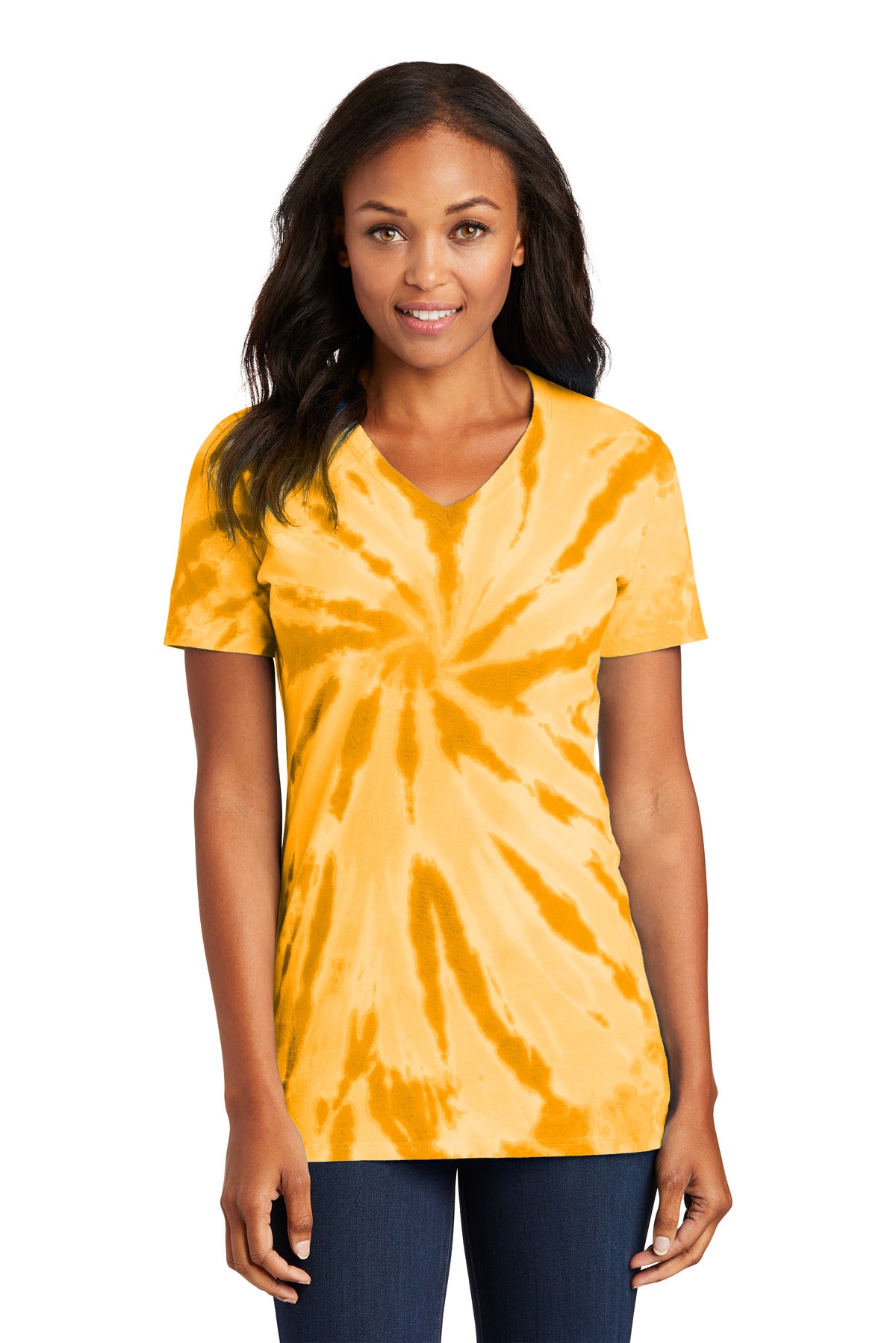 Port & Co Women's Tie-Dye V-Neck Tee. LPC147V - Gold - front