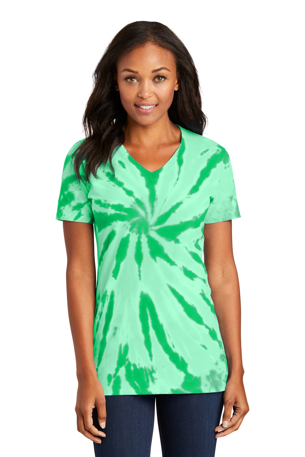 Port & Co Women's Tie-Dye V-Neck Tee. LPC147V - Kelly - front