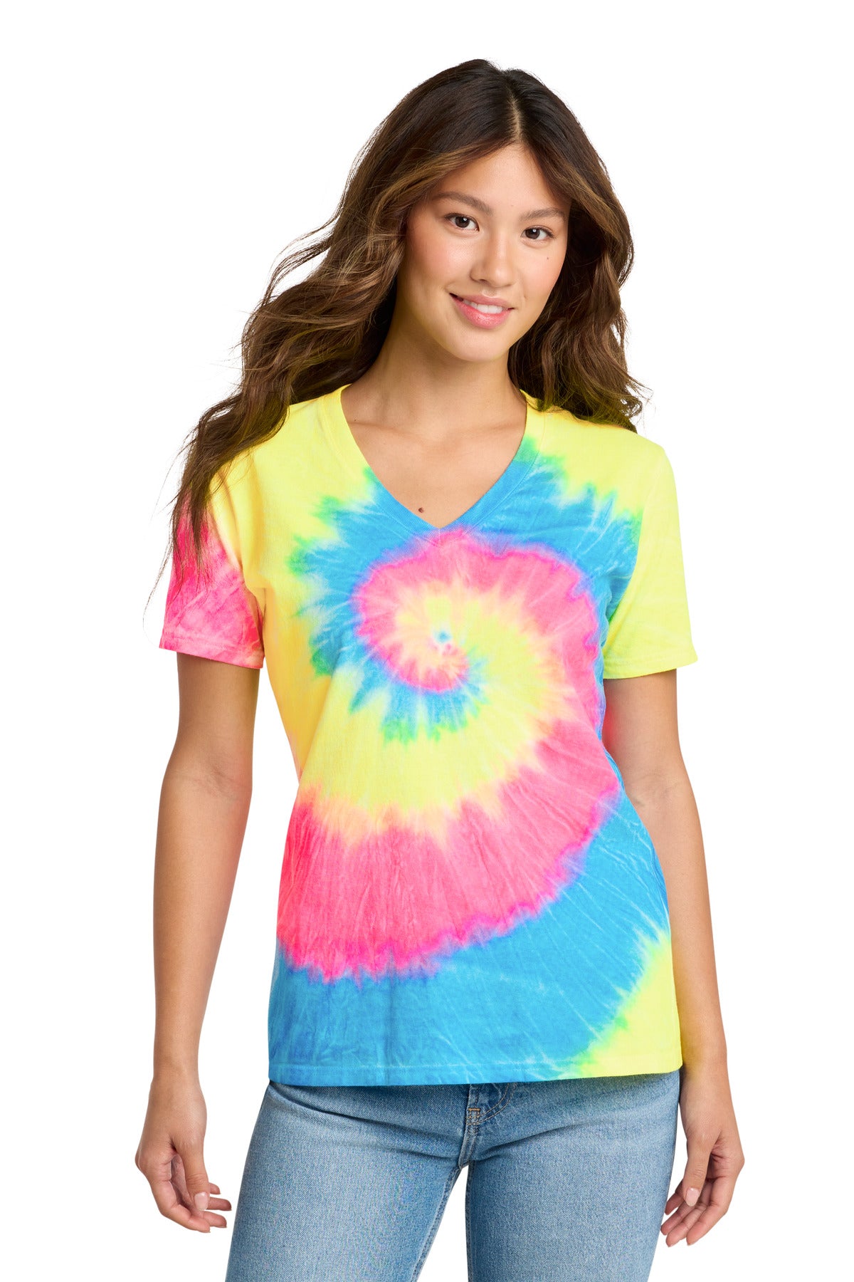 Port & Co Women's Tie-Dye V-Neck Tee. LPC147V - Neon Rainbow - front