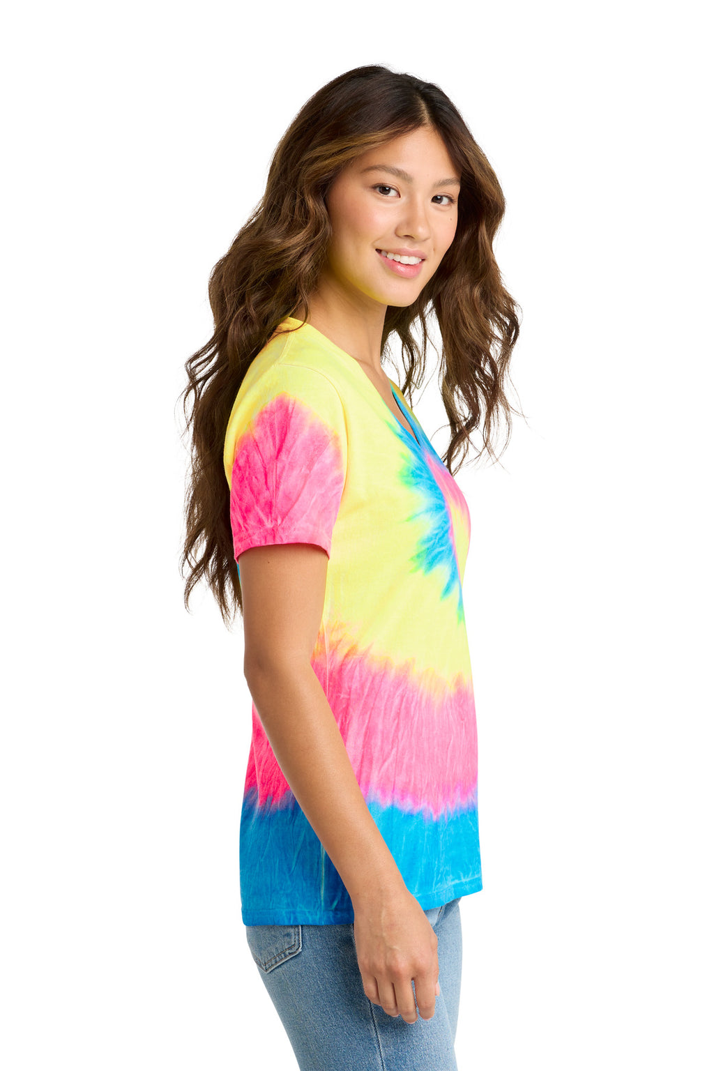 Port & Co Women's Tie-Dye V-Neck Tee. LPC147V - Neon Rainbow - side