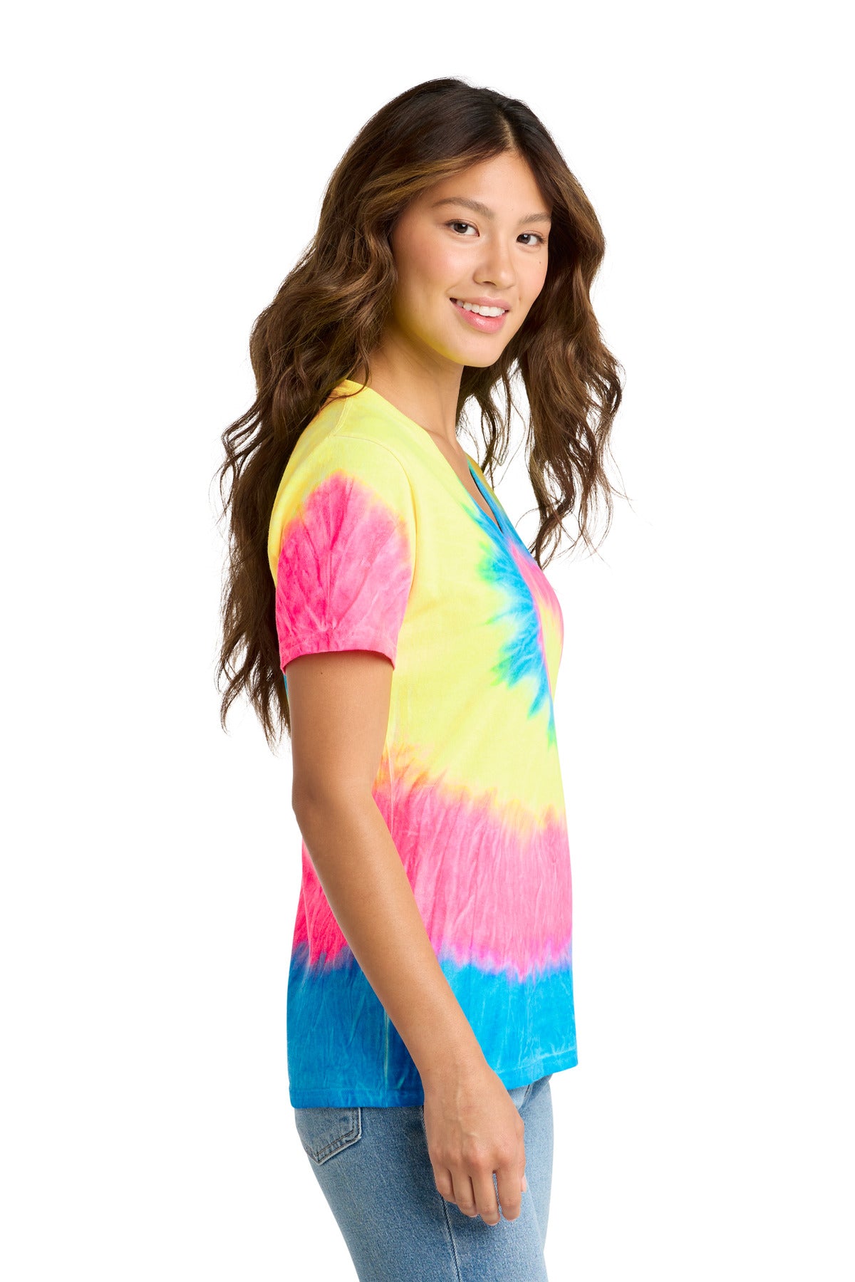 Port & Co Women's Tie-Dye V-Neck Tee. LPC147V - Neon Rainbow - side