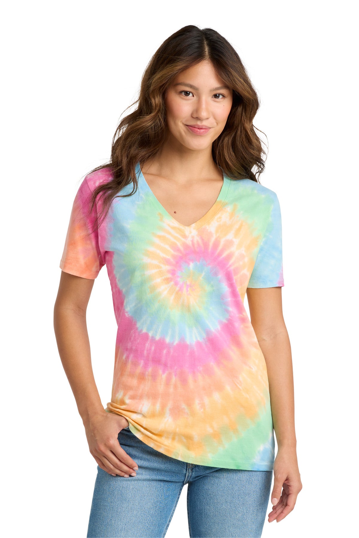 Port & Co Women's Tie-Dye V-Neck Tee. LPC147V - Pastel Rainbow - front