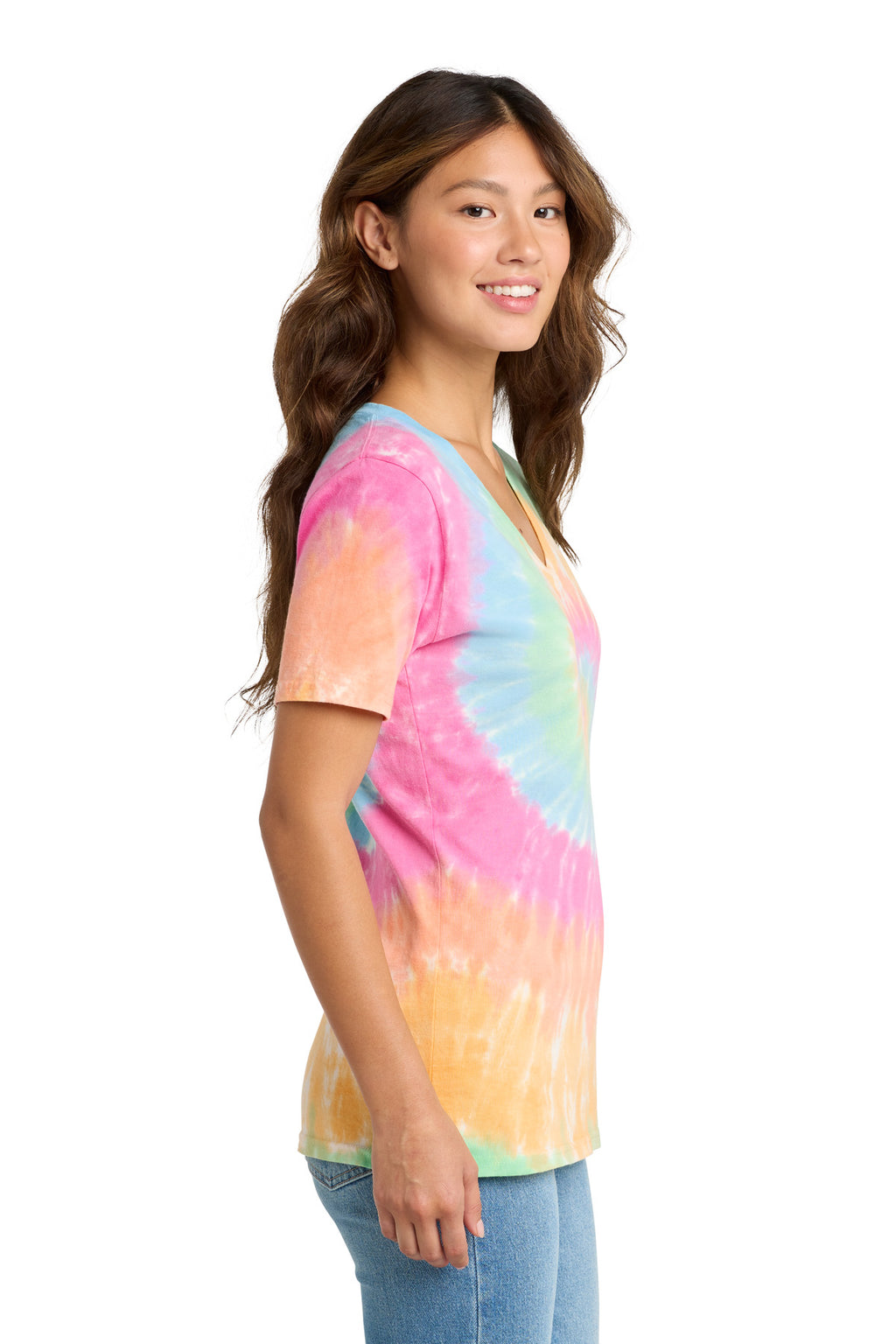 Port & Co Women's Tie-Dye V-Neck Tee. LPC147V - Pastel Rainbow - side