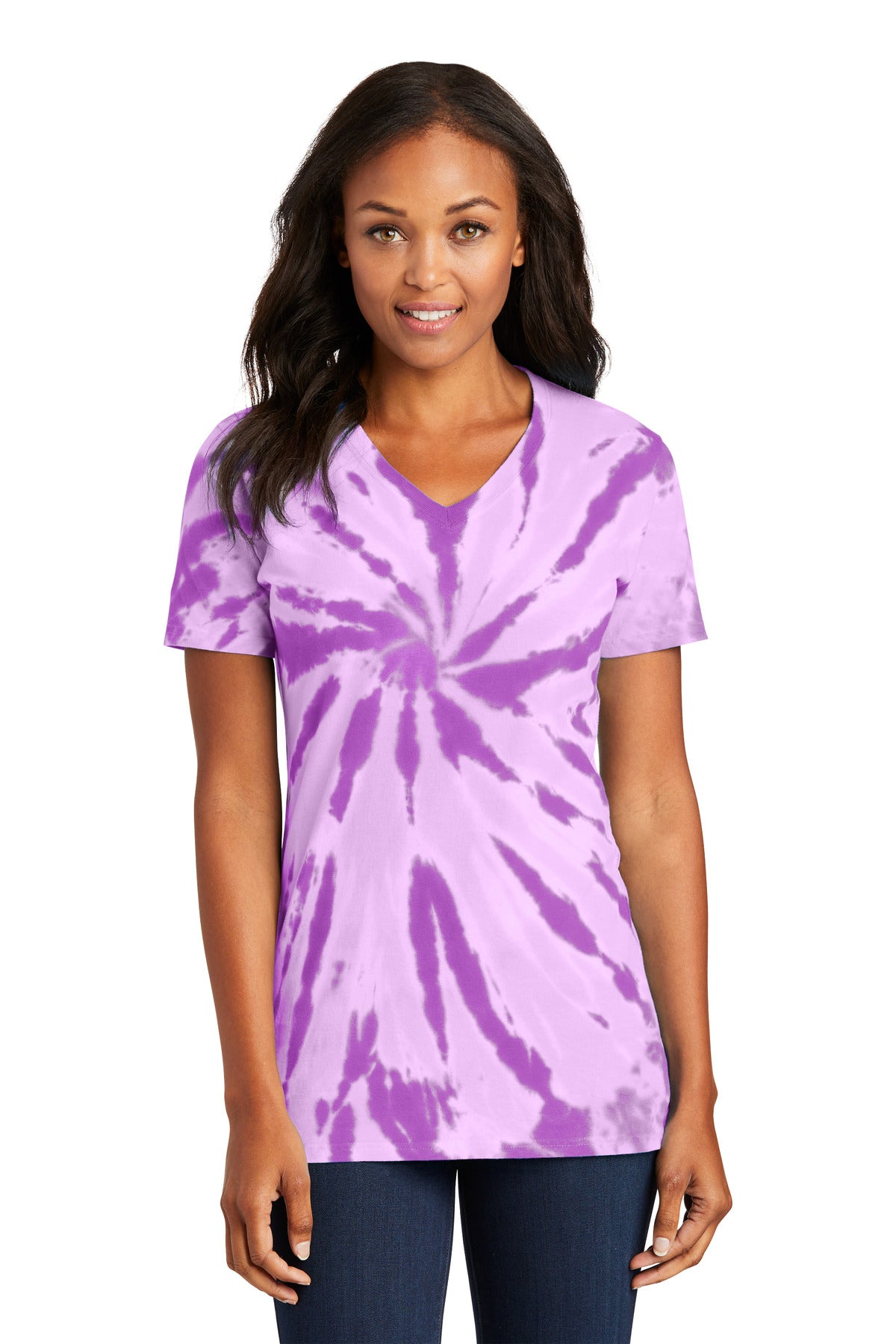 Port & Co Women's Tie-Dye V-Neck Tee. LPC147V - Purple - front
