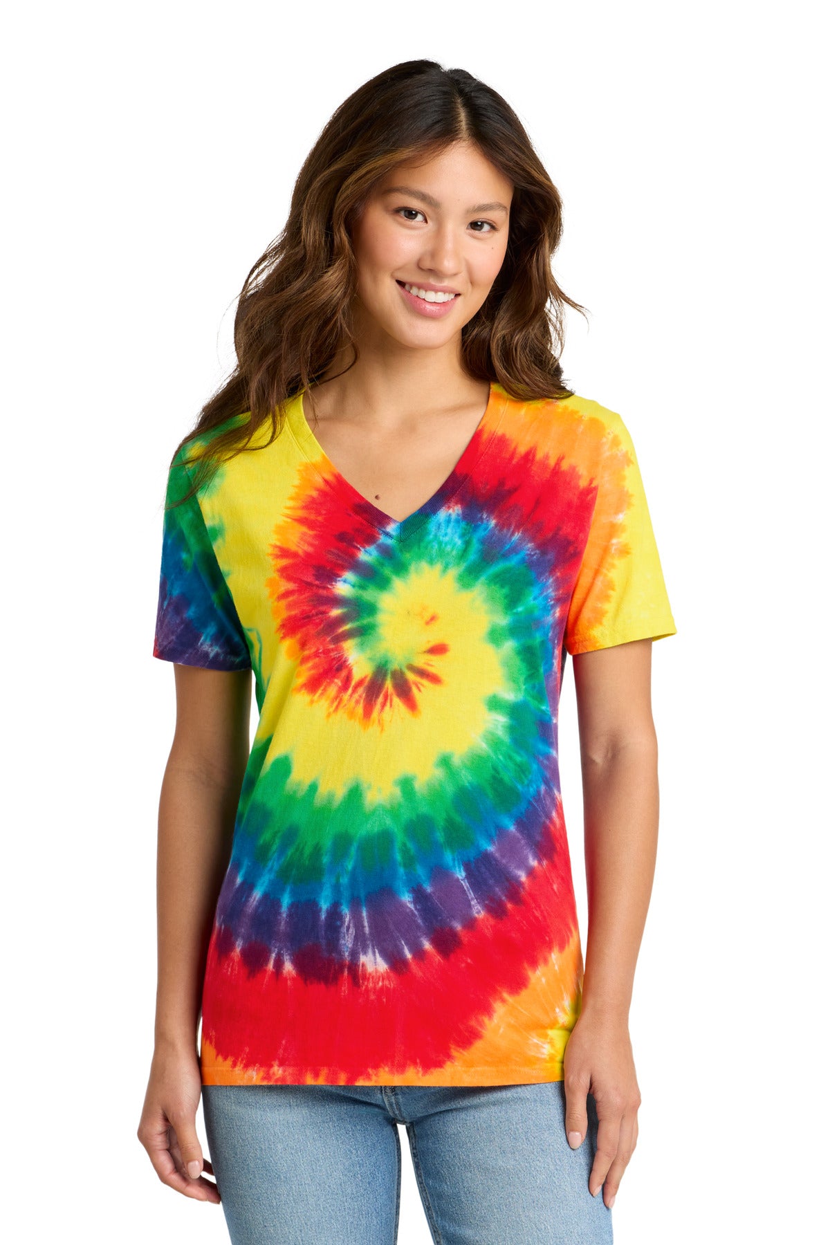 Port & Co Women's Tie-Dye V-Neck Tee. LPC147V - Rainbow - front