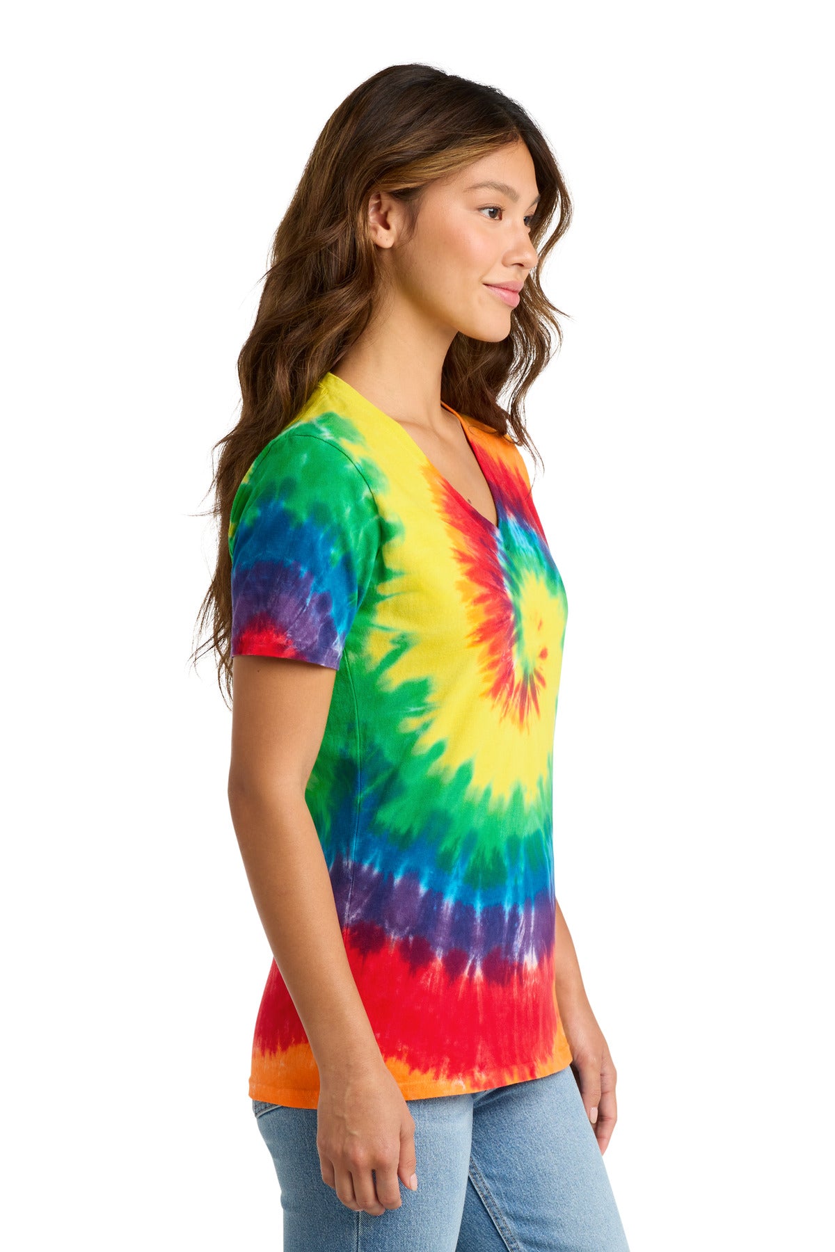 Port & Co Women's Tie-Dye V-Neck Tee. LPC147V - Rainbow - side