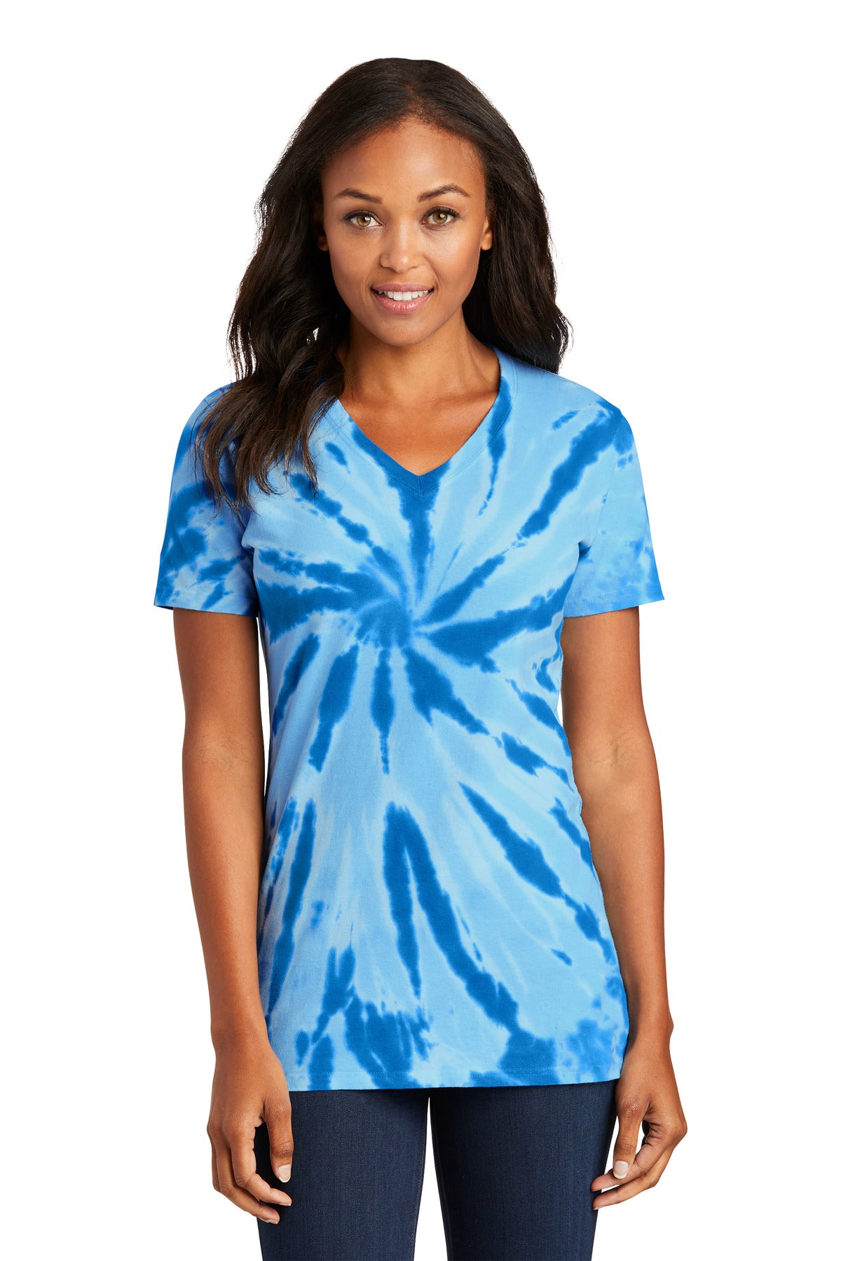 Port & Co Women's Tie-Dye V-Neck Tee. LPC147V - Royal - front