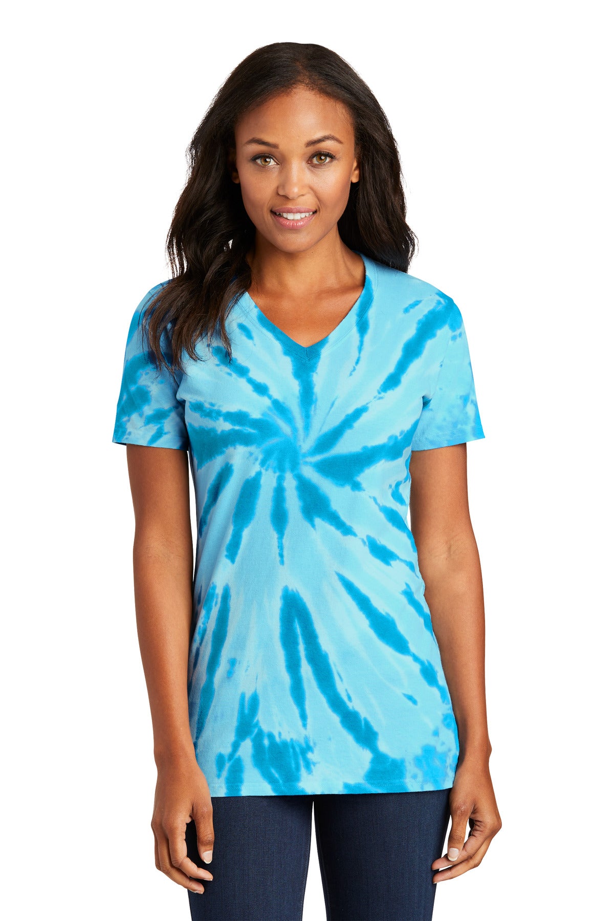 Port & Co Women's Tie-Dye V-Neck Tee. LPC147V - Turquoise - front