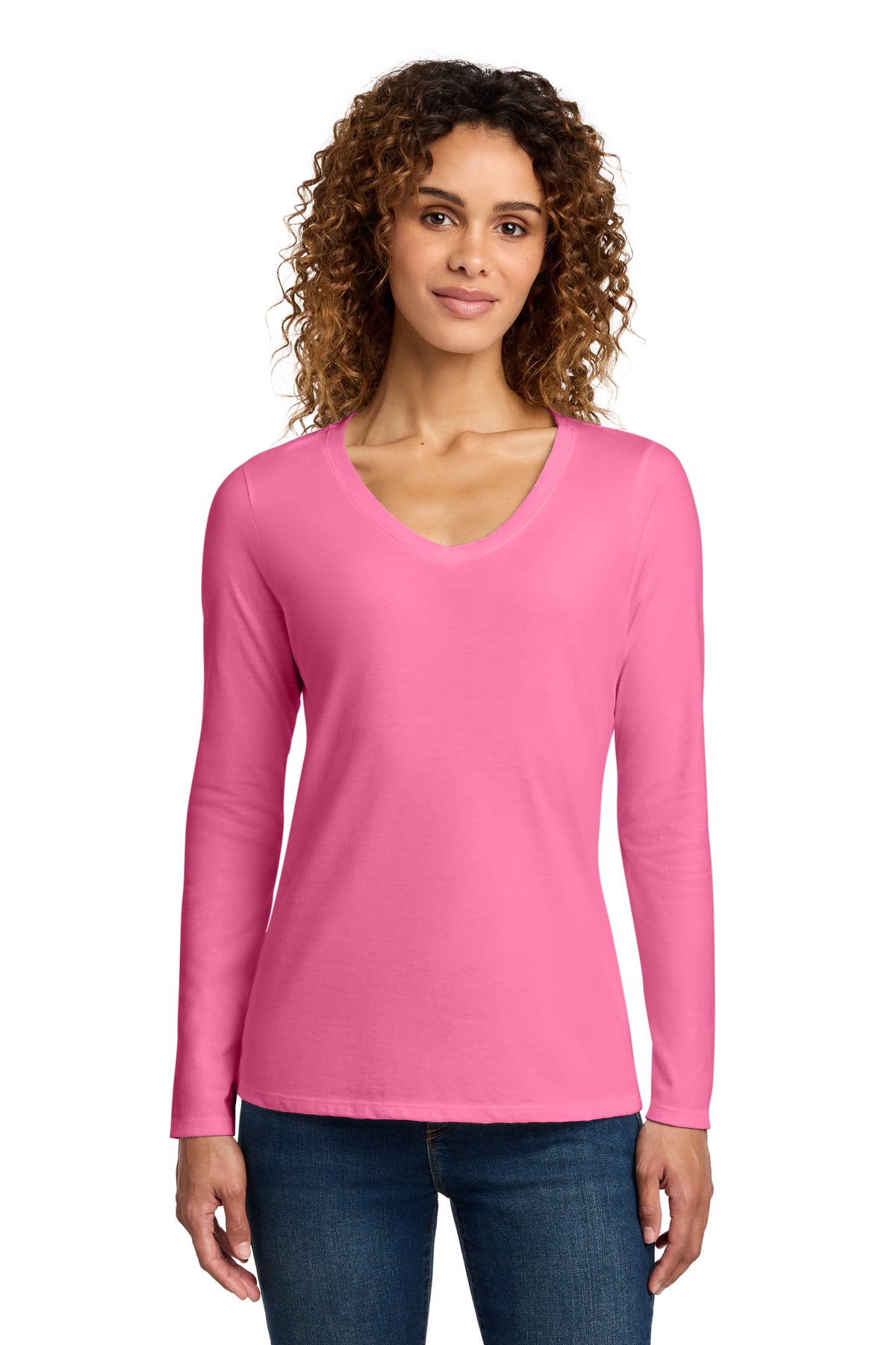 Port & Co Women's Long Sleeve Fan Favorite V-Neck Tee. LPC450VLS - New Pink - front
