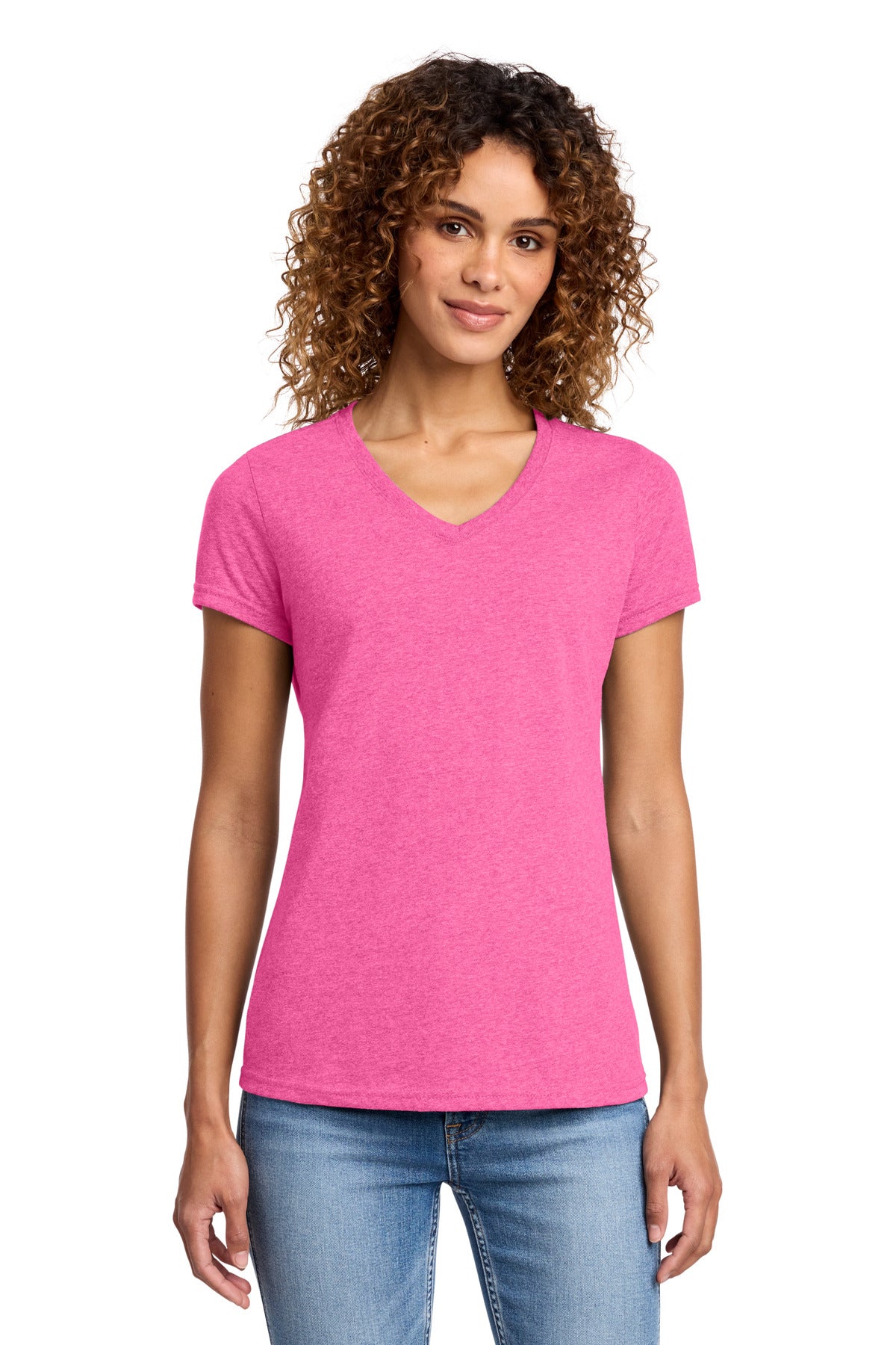 Port & Co Women's Fan Favorite Blend V-Neck Tee. LPC455V - Neon Pink Heather - front