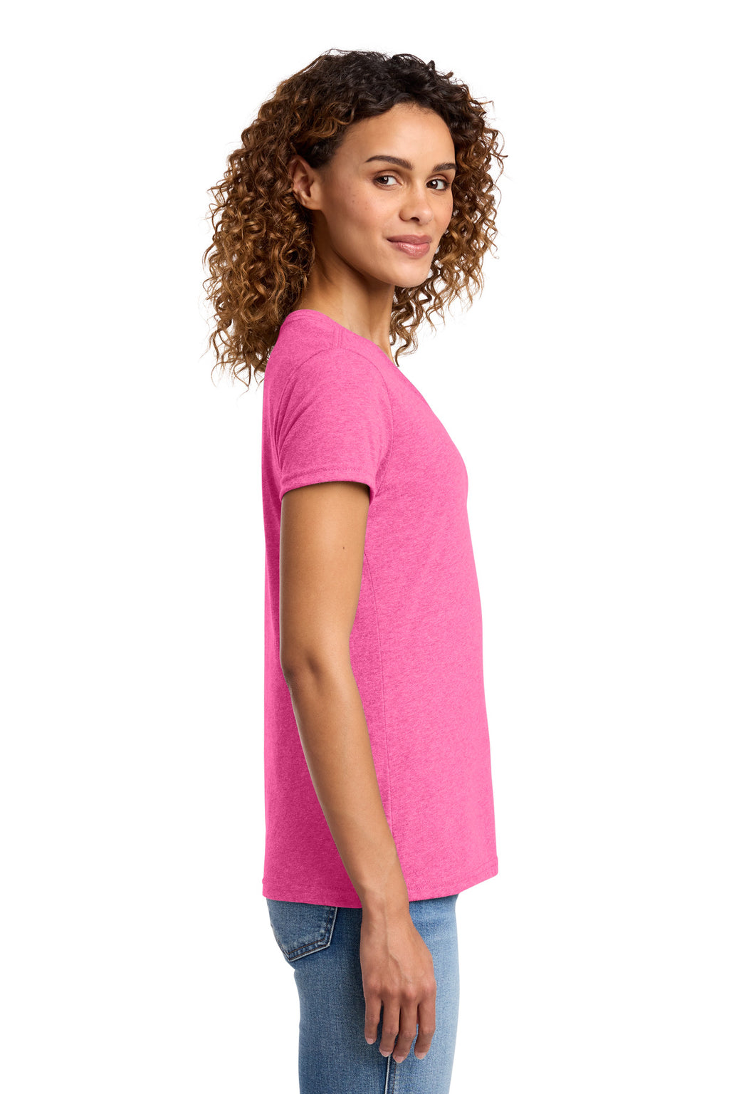 Port & Co Women's Fan Favorite Blend V-Neck Tee. LPC455V - Neon Pink Heather - side