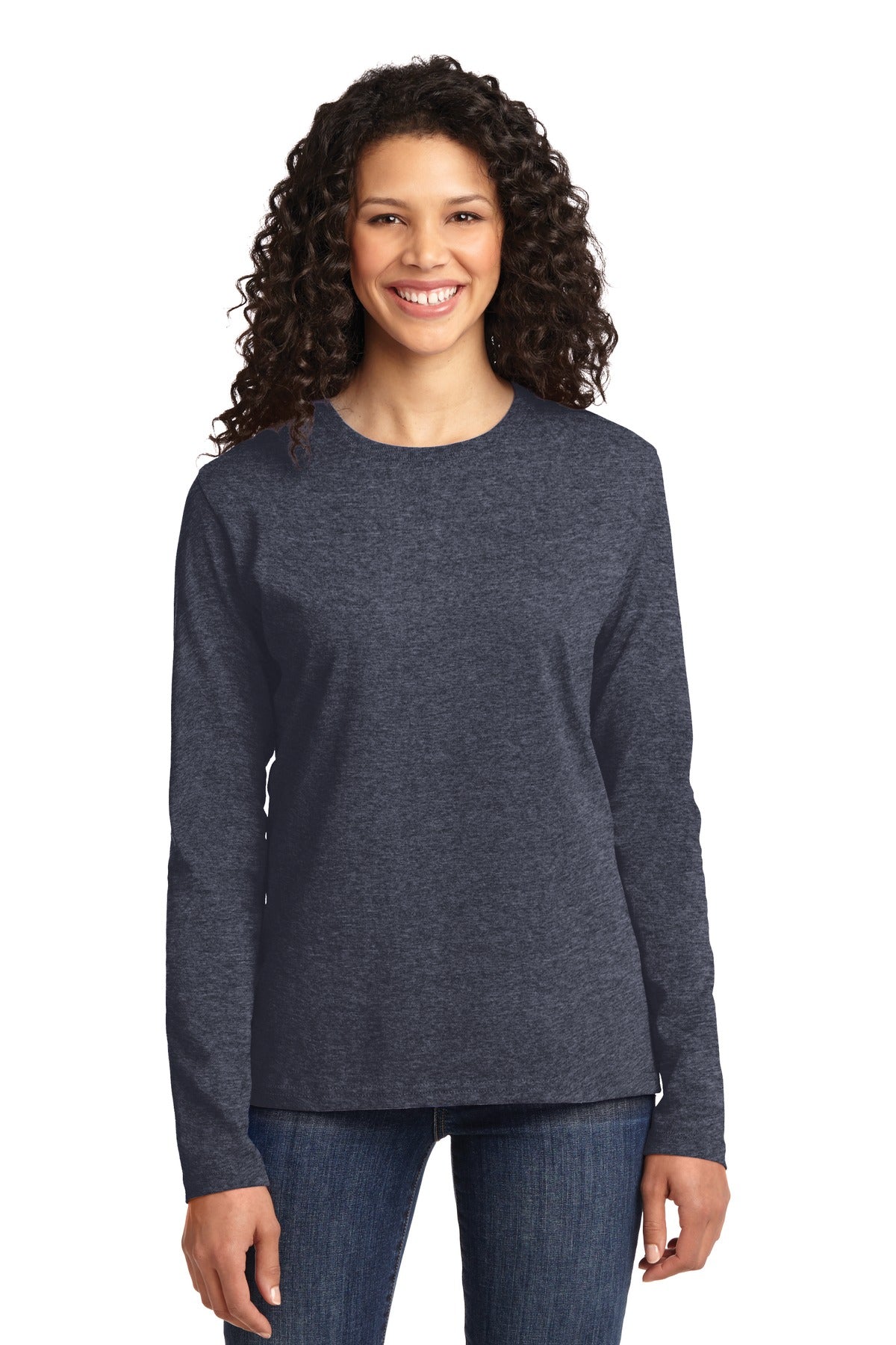 Port & Co Women's Long Sleeve Core Cotton Tee. LPC54LS - Heather Navy - front