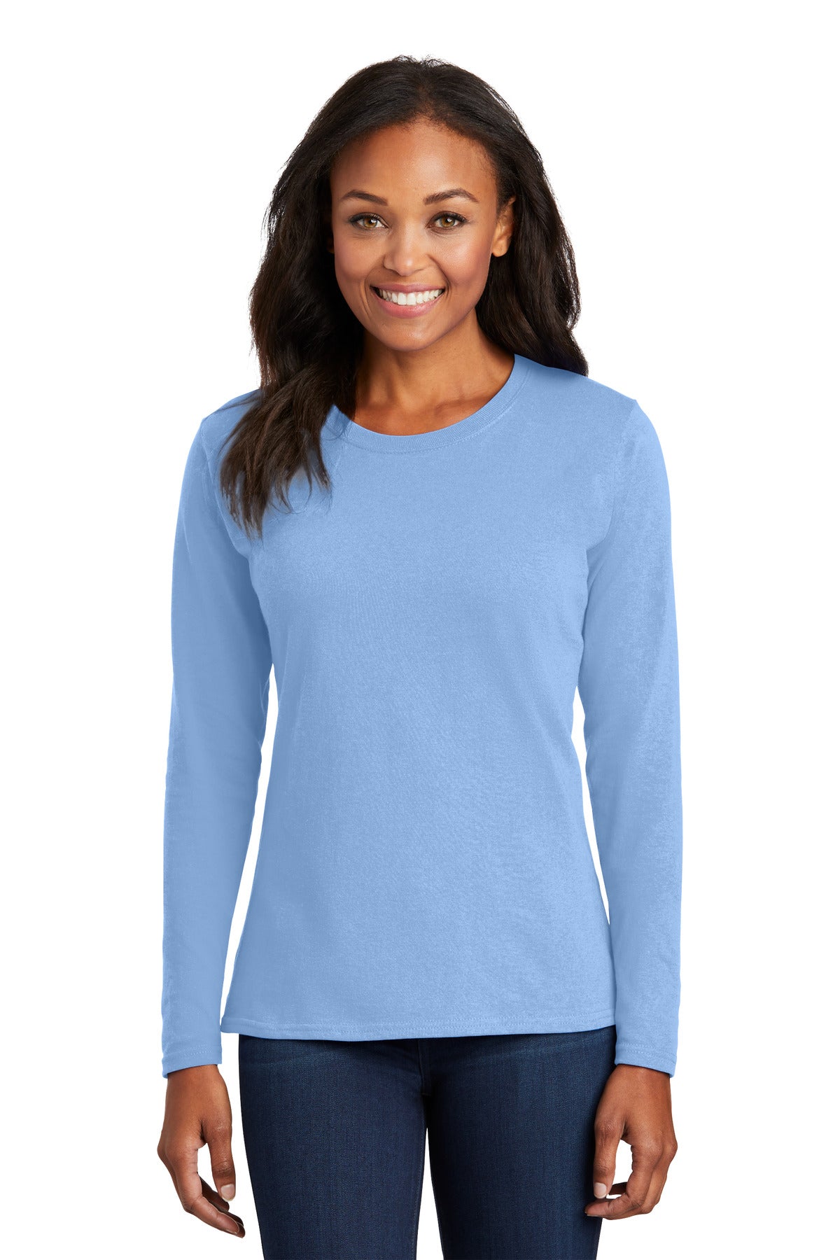 Port & Co Women's Long Sleeve Core Cotton Tee. LPC54LS - Light Blue - front