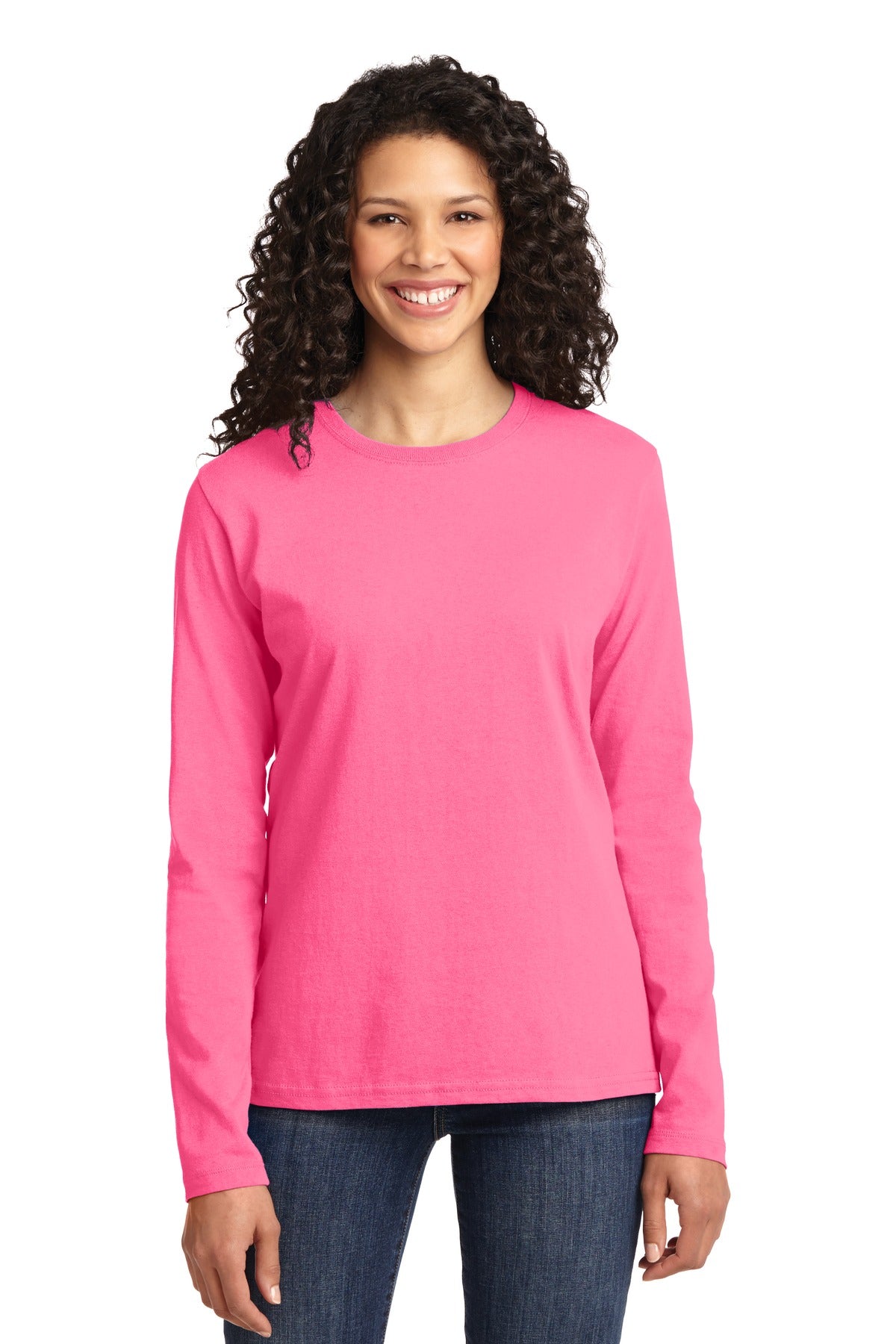 Port & Co Women's Long Sleeve Core Cotton Tee. LPC54LS - Neon Pink - front