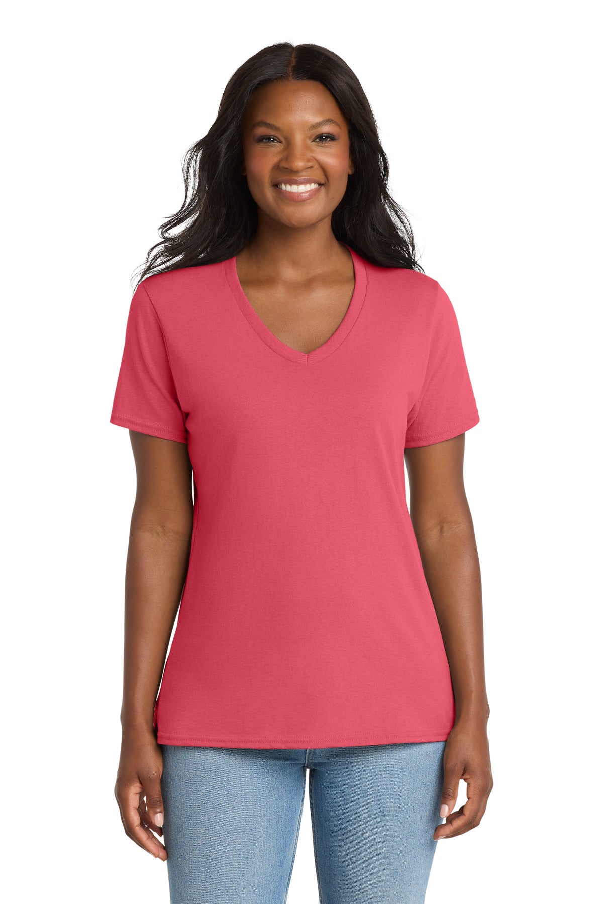 Port & Co Women's Core Cotton V-Neck Tee. LPC54V - Coral - front