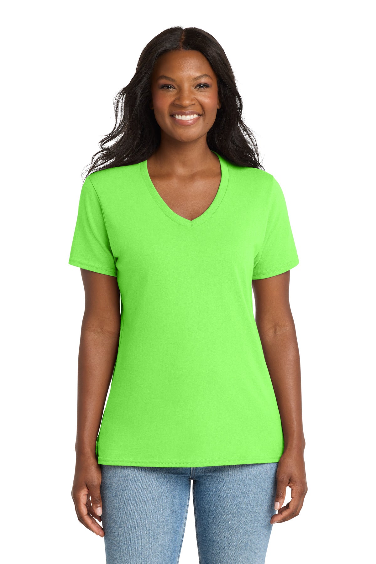 Port & Co Women's Core Cotton V-Neck Tee. LPC54V - Neon Green - front